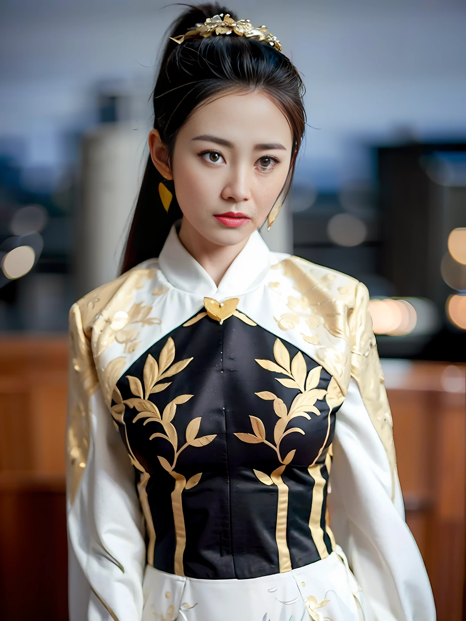 feiyu_clothes, white fabric, gold embroidery,  black bracer with golden embroidery,  white collar, high ponytail,  headband, depth of field, night cityscape, (1girl:1.6),   ulzzang-6500v1.1, (original: 1.2), (realistic: 1.3) , beautiful girl with beautiful details, extremely detailed eyes and face, eyes with beautiful details, absurd, incredibly absurd, huge file size, ultra detail, high resolution, ultra detailed, best quality, masterpiece, illustration, ultra detailed and beautiful, ultra detailed, CG, unity, 8k wallpaper, amazing, fine Detail, masterpiece, top quality, official art, extremely detailed CG unity 8k wallpaper, cinematic lighting, (perfect shiny skin:0.6), slim and smooth lines, (floating), (small breasts:1),  earrings ,