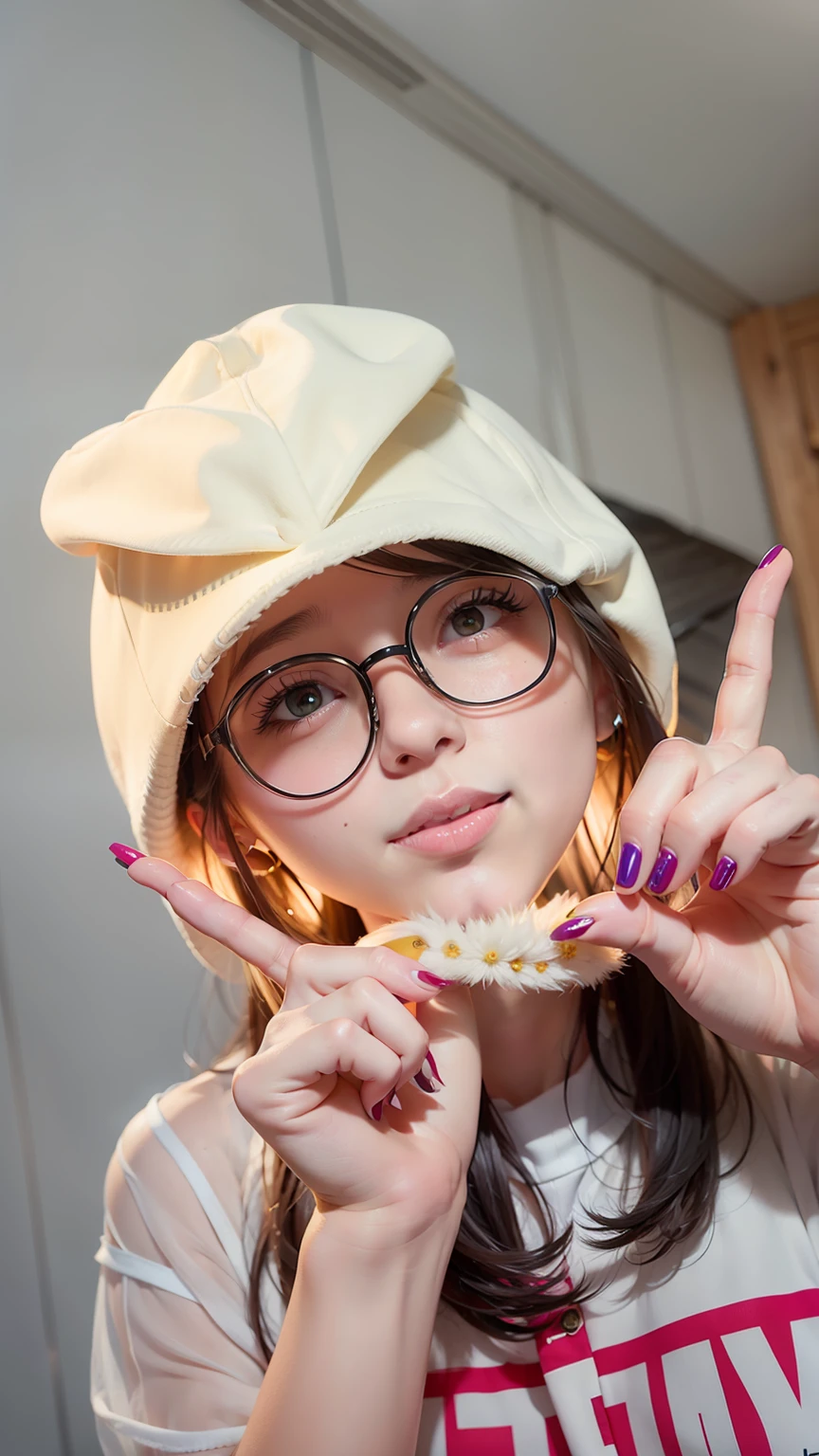 animemanga girl，In realistic ultra-detailed portraits、Cabin core、earth colors、Ambitious、dinosaurs、Atmospheric clouds、fearless、The style of the character inspired by the manga、???????? gesture、Pink nail polish、Up to duck cartoon hats
