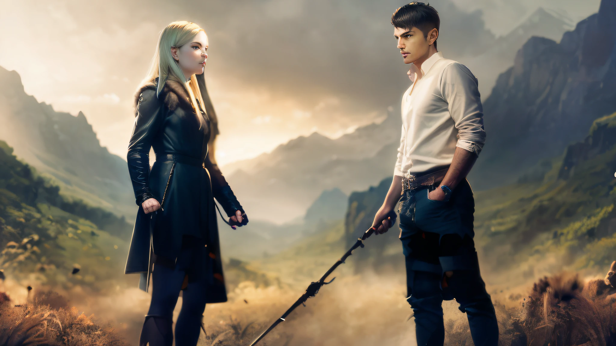 They stand in the field with a sword, Elven men and women、matte painting portrait shot, young adult fantasy novel cover, urban fantasy romance book cover, still from a fantasy movie, movie promo image, facing off in a duel, fantasy character photo, stylized urban fantasy artwork, high quality fantasy stock photo, fantasy genre portrait, photomanipulation
