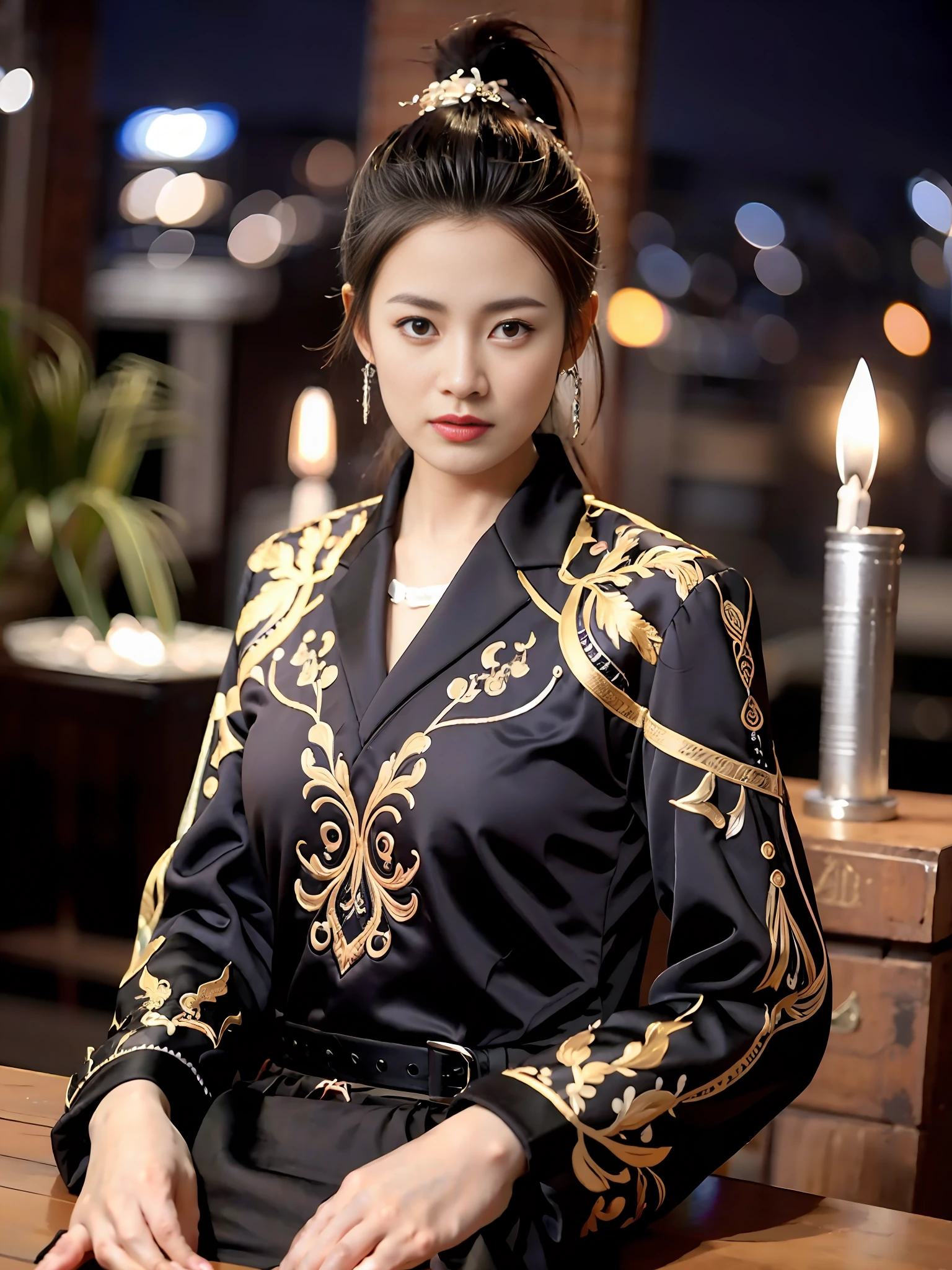 feiyu_clothes, white fabric, gold embroidery,  black bracer with golden embroidery,  white collar, high ponytail,  headband, depth of field, night cityscape, (1girl:1.6),   ulzzang-6500v1.1, (original: 1.2), (realistic: 1.3) , beautiful girl with beautiful details, extremely detailed eyes and face, eyes with beautiful details, absurd, incredibly absurd, huge file size, ultra detail, high resolution, ultra detailed, best quality, masterpiece, illustration, ultra detailed and beautiful, ultra detailed, CG, unity, 8k wallpaper, amazing, fine Detail, masterpiece, top quality, official art, extremely detailed CG unity 8k wallpaper, cinematic lighting, (perfect shiny skin:0.6), slim and smooth lines, (floating), (small breasts:1),  earrings ,