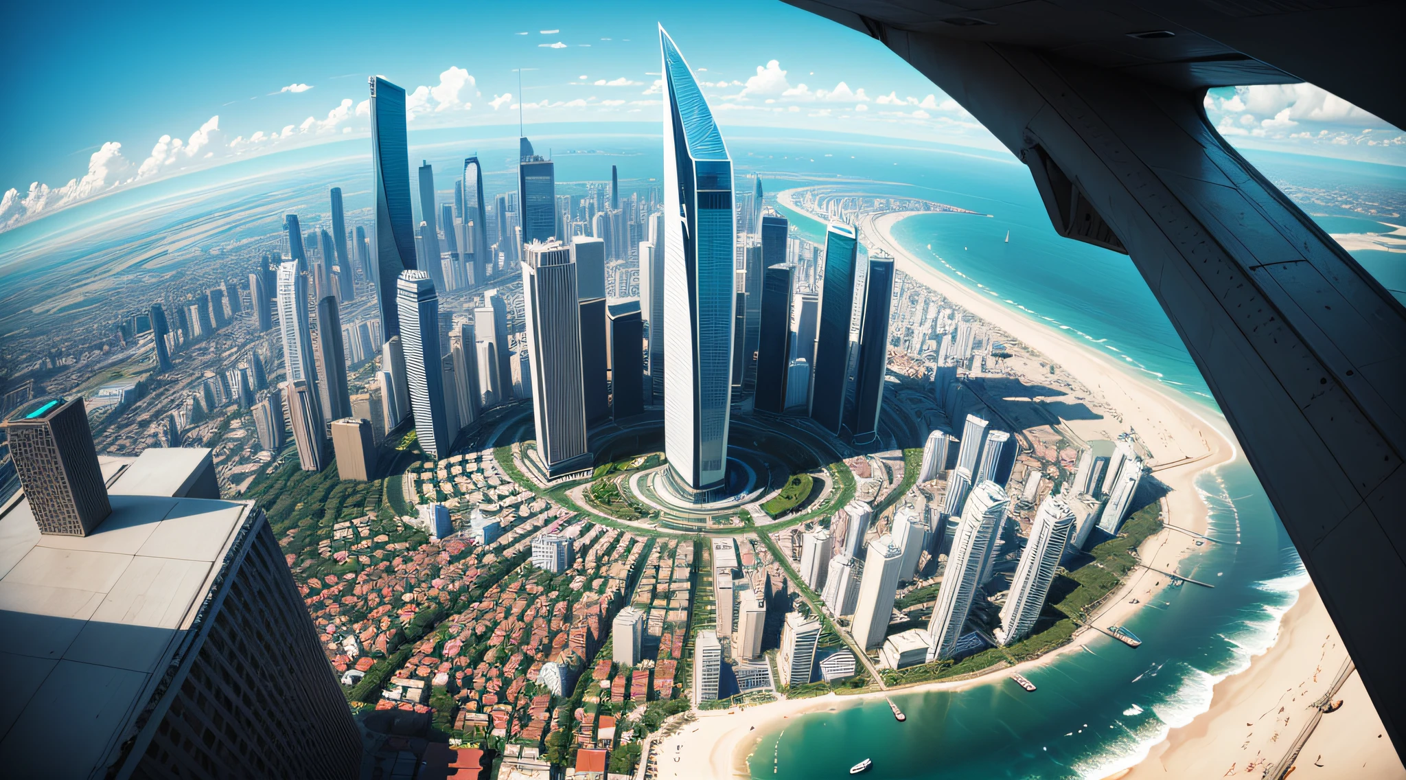 /imagine prompt: an illustration of the city of Maceió, Alagoas no futuro no ano de 2100, inspirada pelo artista Alex Ross, depicting futuristic skyscrapers, Flying vehicles and vibrant urban parks, em tons de azul e prata. Surprised and admired facial expressions. Luz intensa e atmosfera futurista.
--V 5 --Estilizar 1000