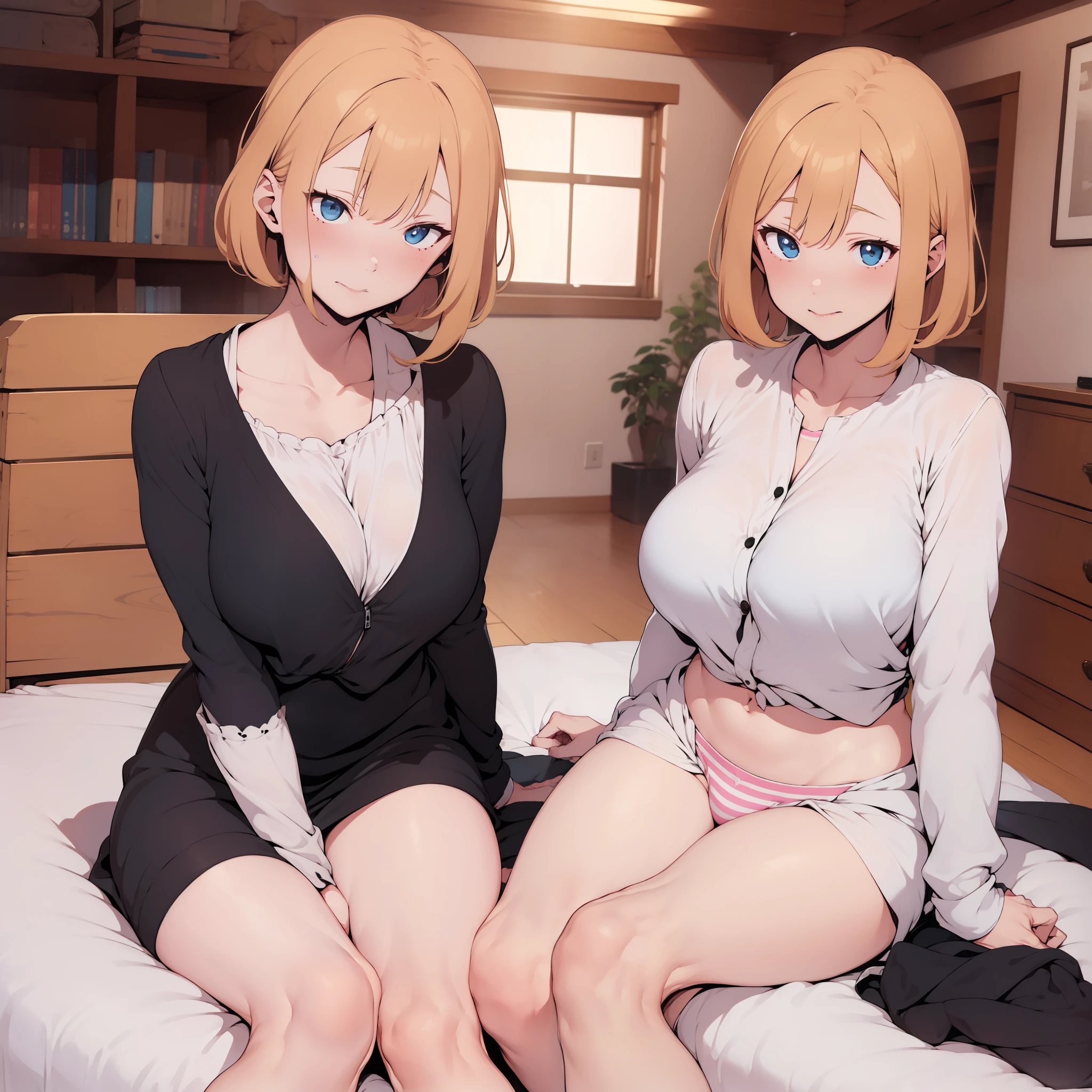 one girl, white blouse,hotpink striped panties,boobs,tall of a person,thin,sharp eyes, beautiful face,slender face,sitting with legs tucked under,hands between legs, flushed cheeks,cool,short bob,wave hair,gold hair,blue eyes,indoor,on the bed,masterpiece, extremely fine and beautiful, illustration, anime, black thick outline, licking each other