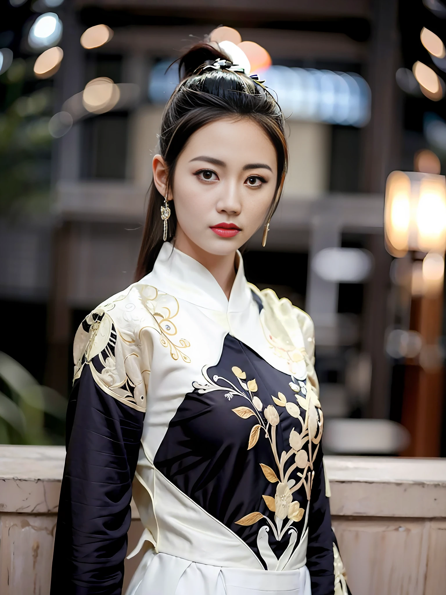 feiyu_clothes, white fabric, gold embroidery,  black bracer with golden embroidery,  white collar, high ponytail,  headband, depth of field, night cityscape, (1girl:1.6),   ulzzang-6500v1.1, (original: 1.2), (realistic: 1.3) , beautiful girl with beautiful details, extremely detailed eyes and face, eyes with beautiful details, absurd, incredibly absurd, huge file size, ultra detail, high resolution, ultra detailed, best quality, masterpiece, illustration, ultra detailed and beautiful, ultra detailed, CG, unity, 8k wallpaper, amazing, fine Detail, masterpiece, top quality, official art, extremely detailed CG unity 8k wallpaper, cinematic lighting, (perfect shiny skin:0.6), slim and smooth lines, (floating), (small breasts:1),  earrings ,