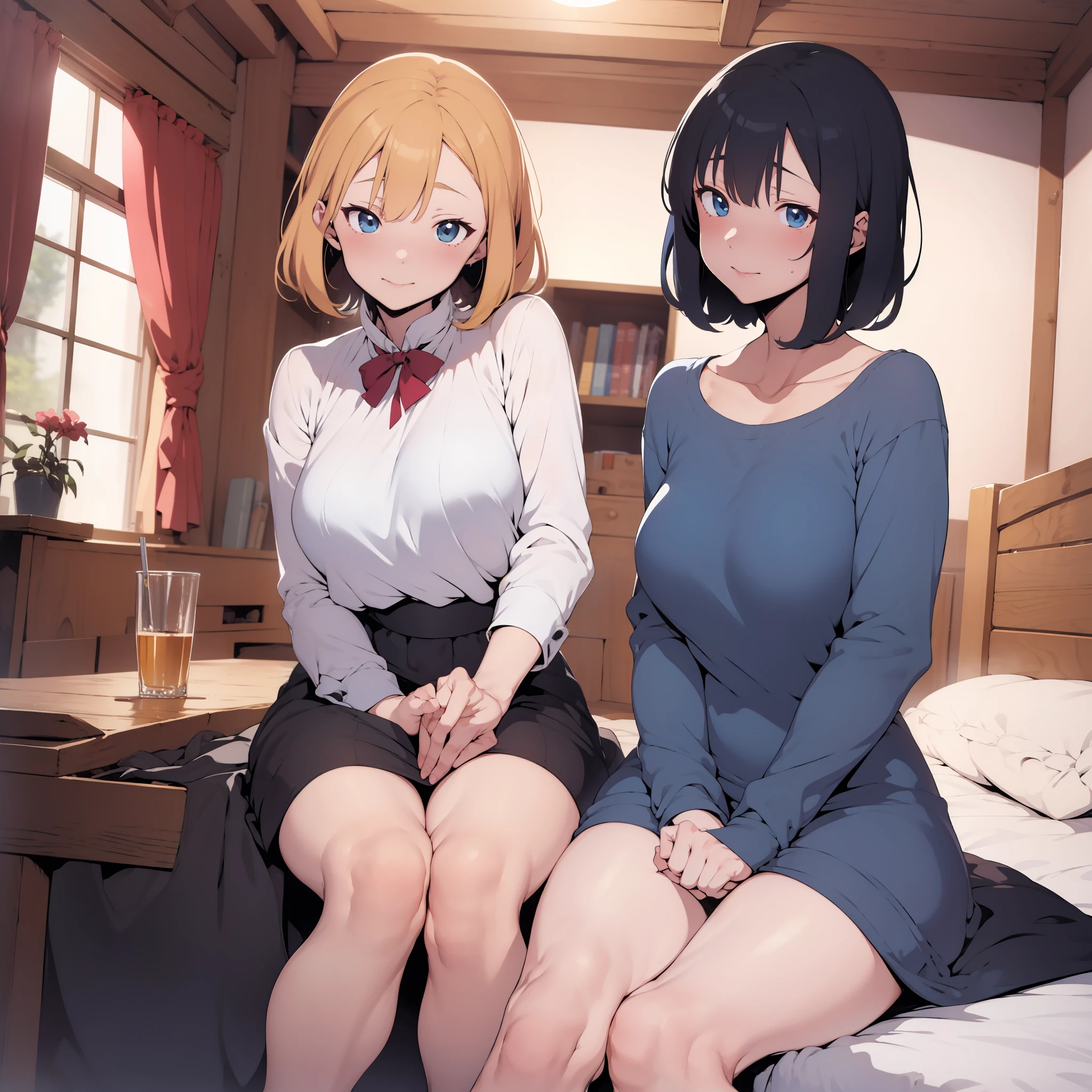 one girl, white blouse,hotpink striped panties,boobs,tall of a person,thin,sharp eyes, beautiful face,slender face,sitting with legs tucked under,hands between legs, flushed cheeks,cool,short bob,wave hair,gold hair,blue eyes,indoor,on the bed,masterpiece, extremely fine and beautiful, illustration, anime, black thick outline, licking each other