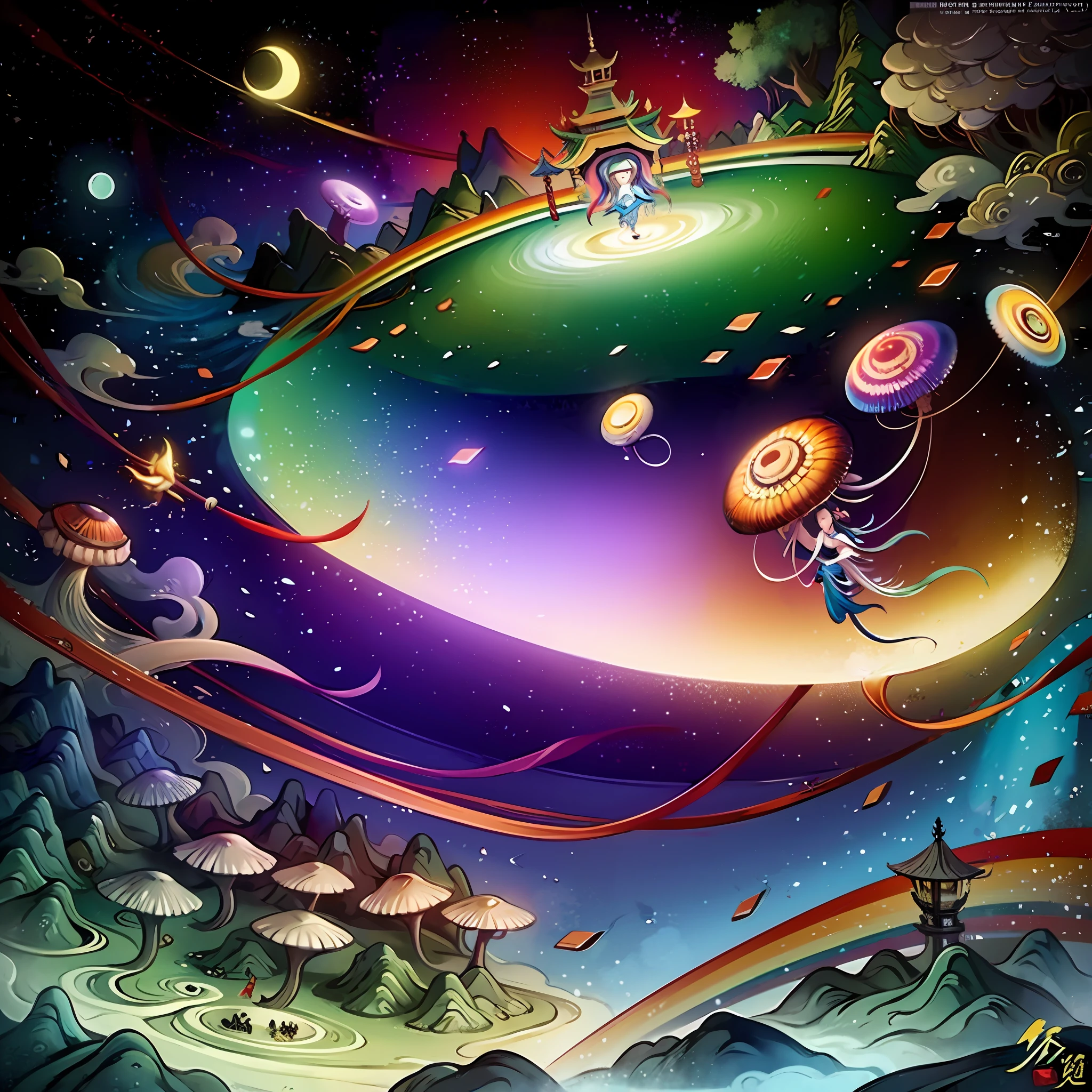 An ancient Chinese painting, ancient Chinese background, mountains, rivers, auspicious clouds, pavilions, sunshine,(psychedelic details),(mushrooms),(rainbow),(trippy),(DMT),(bodhisattva ),intricate details, more details, high details,masterpieces, super detail, epic composition, ultra HD, high quality, extremely detailed, official art, unified 8k wallpaper, Super detail, 32k -- v 6