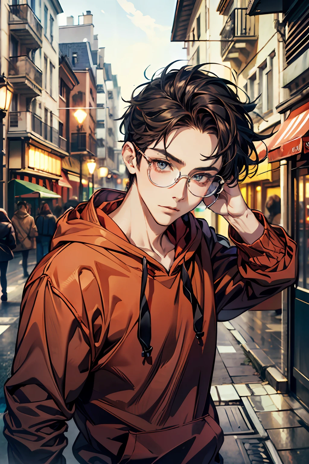 (absurdes, high resolucion, Ultra detailded, Hdr), Masterpiece, Best quality, 1homme, beau, Cheveux courts , porter des lunettes, finely eye and detailed face, red hoodie, Fossettes, devant, Rue de nuit, Ville de nuit, Minuit, Prise de selfie,