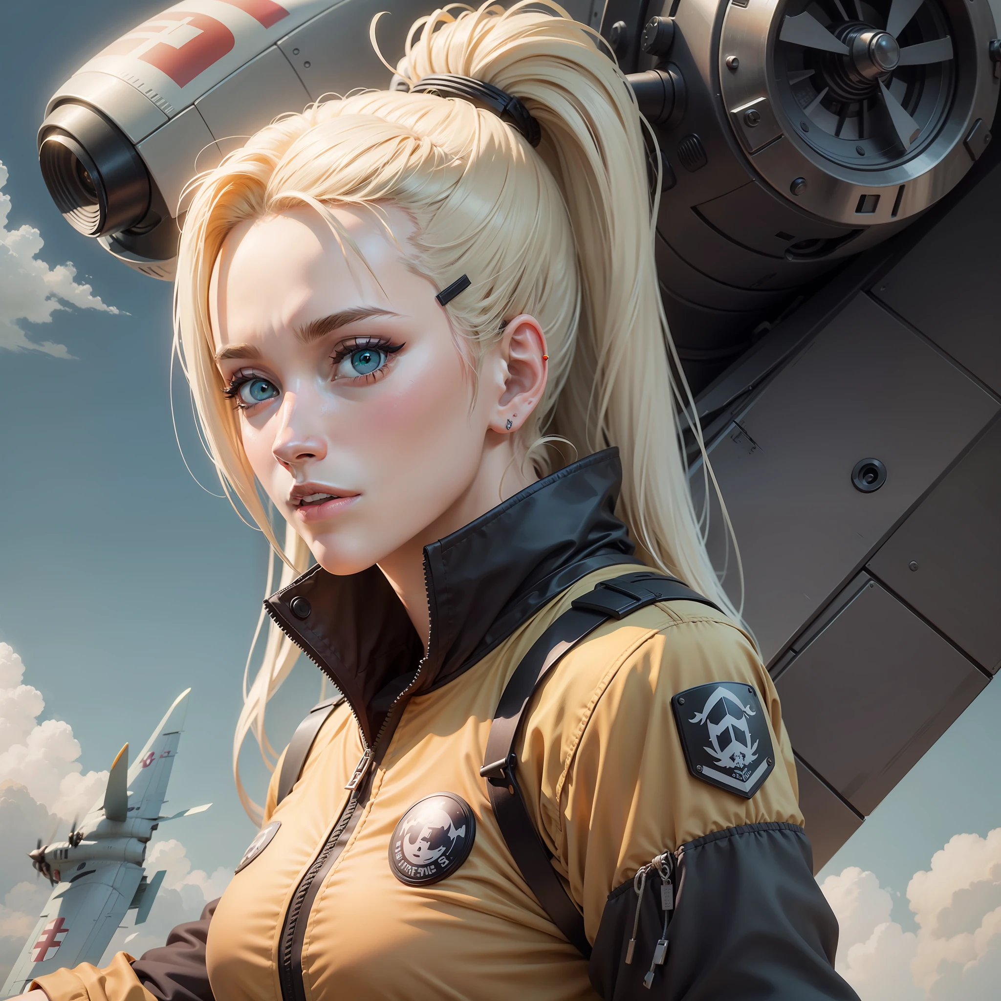 Ino yamanaka (naruto anime ) in pilot uniform , fighter plane in the background , badges , soft smile , best quality , masterpiece , 8k , best illustration