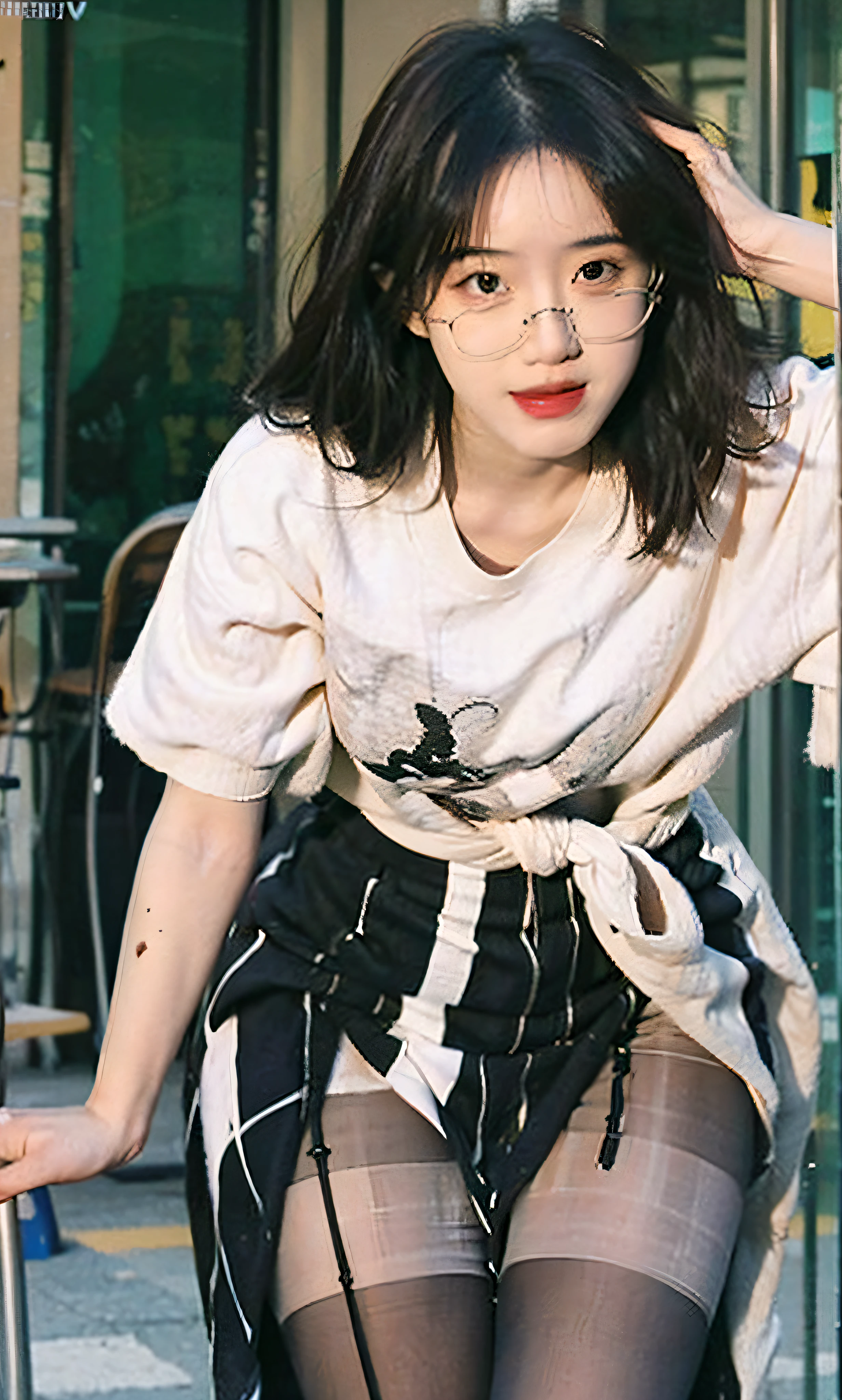 ulzang-6500-v1.1,(OriginalPhoto:1.2), (Photorealistic:1.4), beautiful detailed girl, Very detailed eyes and face, Beautiful detailed eyes, Preposterous, incrediblyabsurdres, hugefilesize, Ultra-detailded, high resolucion, Heavily detailed,optimal quality,masterpaintings,,插圖,Heavily detailed,CG,unified,8k 壁纸,Amazing,finely detailled,masterpaintings,optimal quality,greatly detailed的 CG unified 8k wallpapers,light in the face,cinamtic lighting, 1girl huge large breasts, 16 years old,Long white hair,lateral division,(Large big tits),((No panties)),(wears glasses),(((dynamicpose))),(((sexyposture))),(Half-body),((White pantyhose)),(((Apricot skirt wrapped around hips))),white blouse shirt