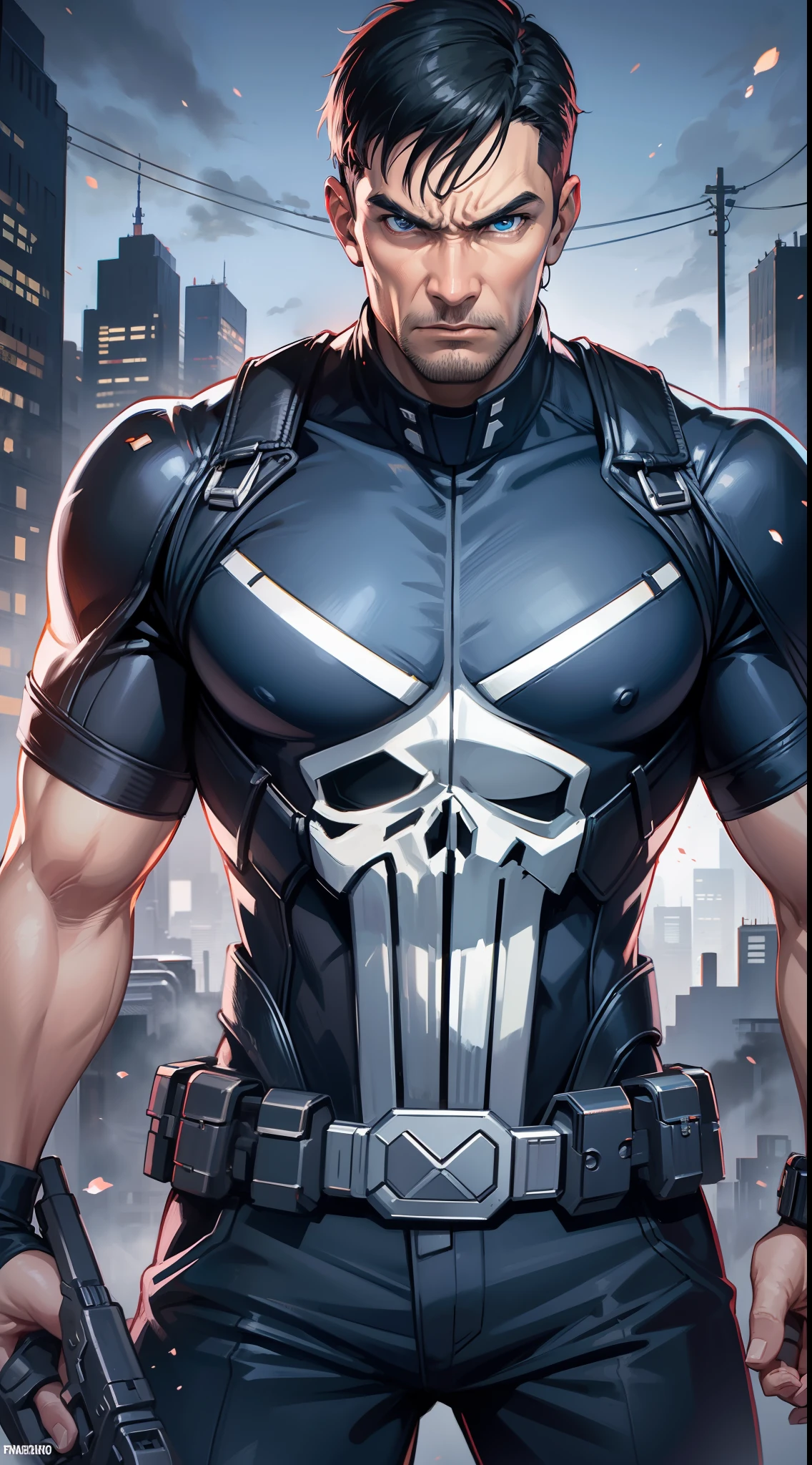 adult man, Short black hair, blue eyes, angry, the Punisher, Masterpiece, highly quality