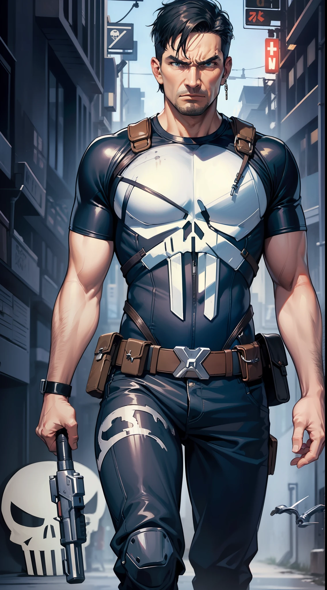 adult man, Short black hair, blue eyes, angry, the Punisher, Masterpiece, highly quality