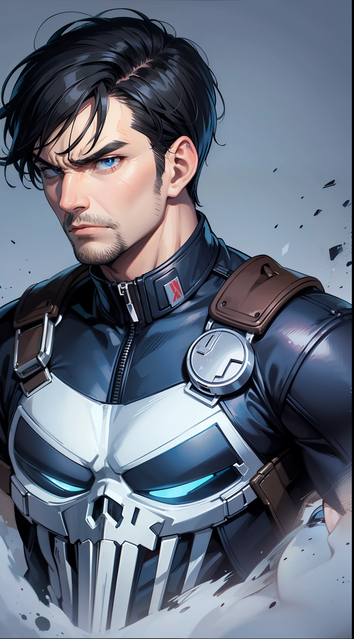 adult man, Short black hair, blue eyes, angry, the Punisher, Masterpiece, highly quality