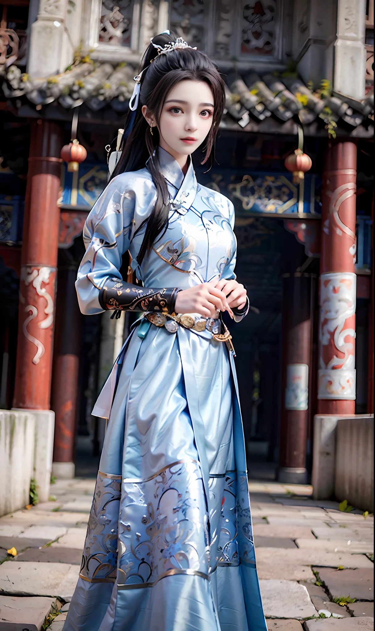 feiyu_clothes, blue fabric, gold embroidery, black bracer with golden embroidery, high ponytail, depth of field, night cityscape, (6+girls:1.5), ulzzang-6500v1.1, (original: 1.2), (realistic: 1.3) , beautiful girl with beautiful details, extremely detailed eyes and face, eyes with beautiful details, absurd, incredibly absurd, huge file size, ultra detail, high resolution, ultra detailed, best quality, masterpiece, illustration, ultra detailed and beautiful, ultra detailed, CG, unity, 8k wallpaper, amazing, fine Detail, masterpiece, top quality, official art, extremely detailed CG unity 8k wallpaper, cinematic lighting, (perfect shiny skin:0.6), slim and smooth lines, (floating), (small breasts:1), earrings , masterpiece, best quality,