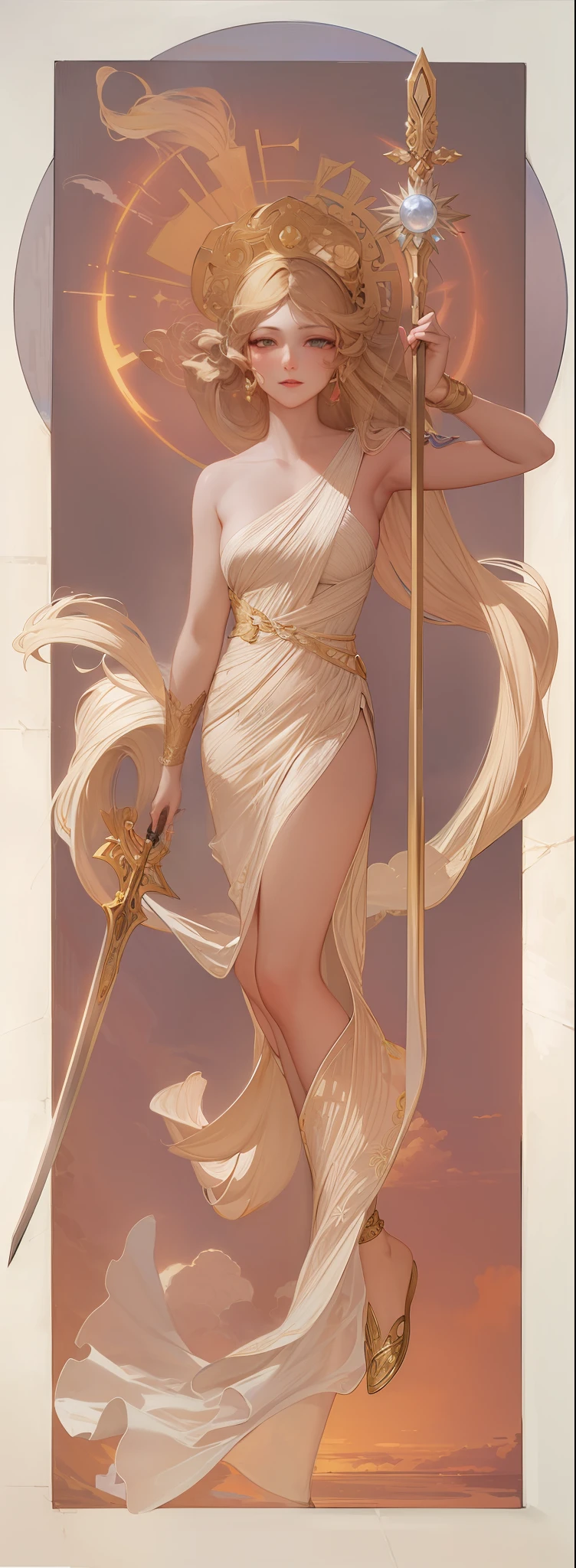 A beautiful woman with a sword and halberd in her hand, Long hair stood on end，Ancient Greek style clothing，Goddess of battle，In the clouds in the sky，Thomas Blackhill, Michael Parkes, j. c. leyendecker 8 k, greek goddess athena, j c leyendecker 8 k, alphonse mucha j. c. Ryan Decker, portrait of celtic goddess diana, venus godness athena, alphons mucha