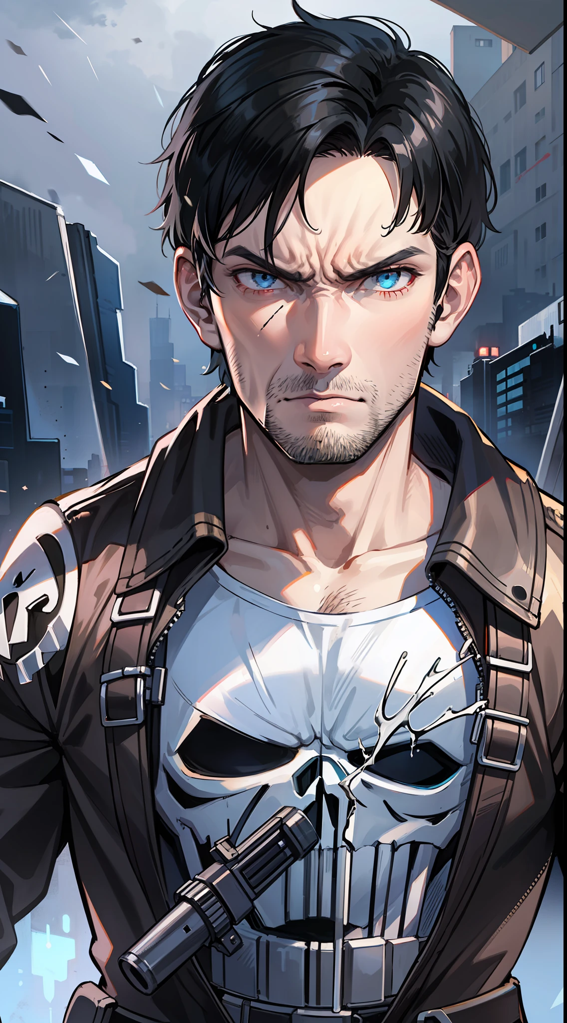 adult man, Short black hair, blue eyes, angry, the Punisher, Masterpiece, highly quality