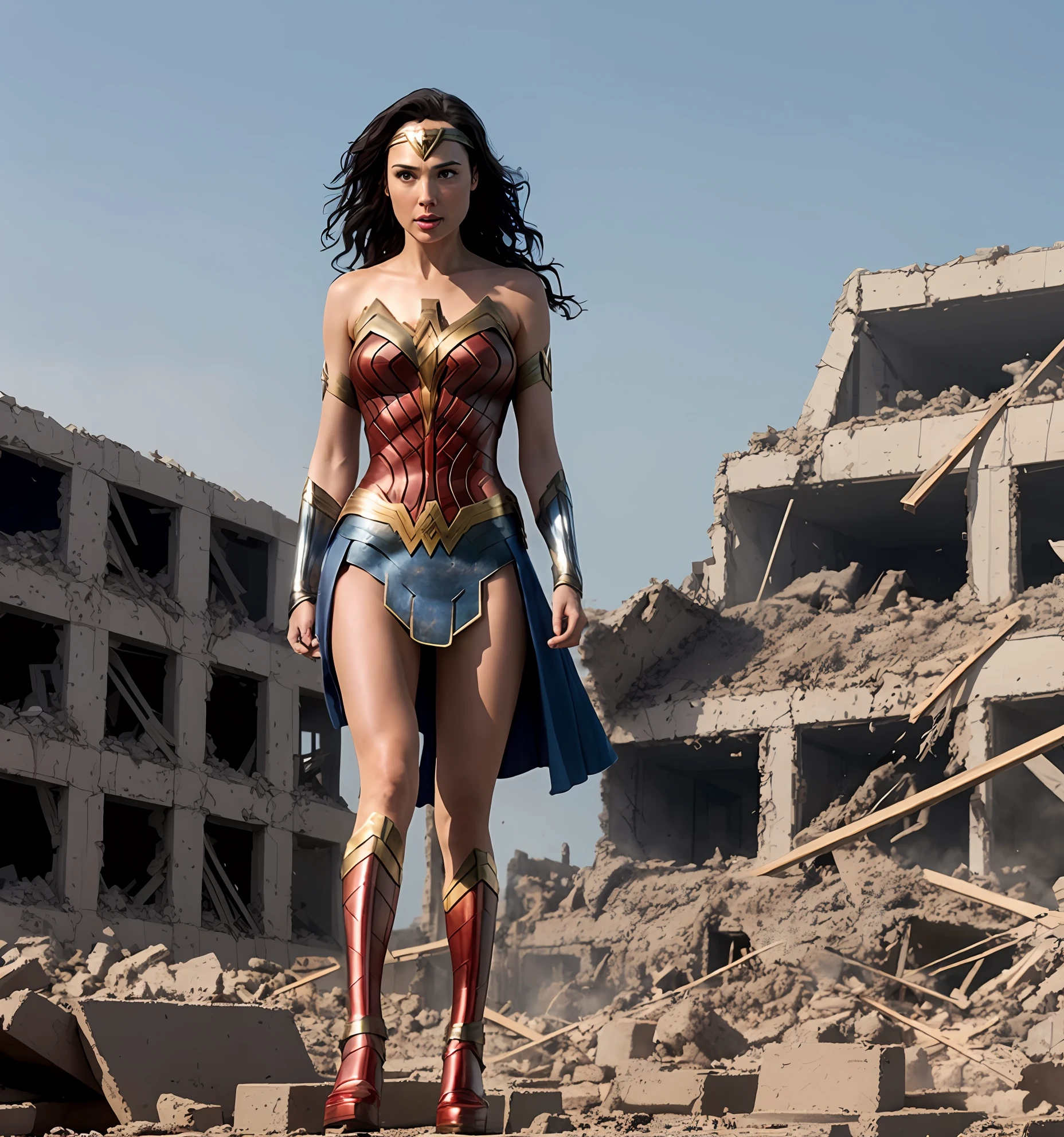 masterpiece, best quality,realistic, wonder woman, Gal Gadot, building destroyed, HD