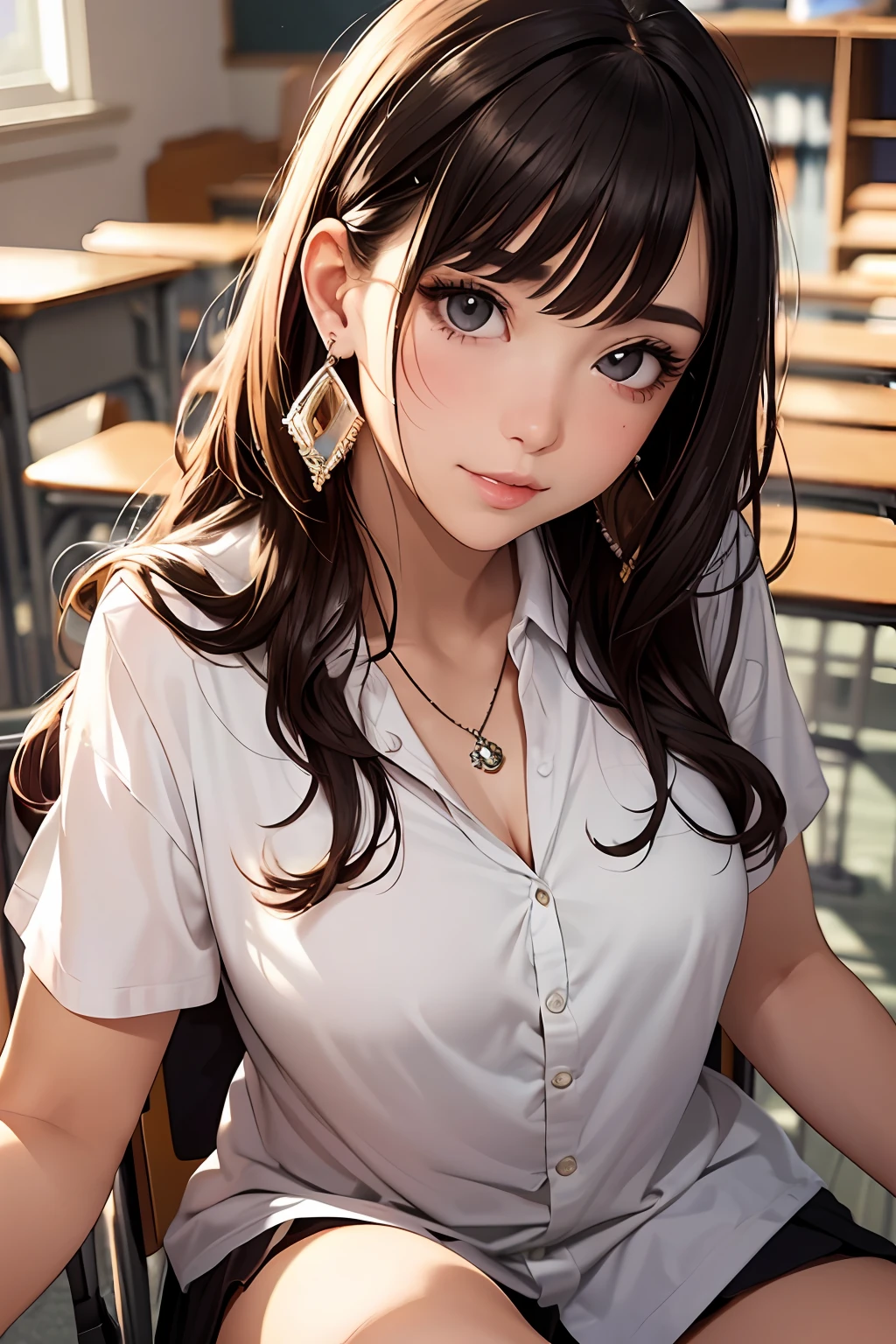 (Masterpiece: 1.3), (Maximum resolution: 1.2), (Ultra HDTV: 1.2), Cinema light, Ultra HDTV, (Detailed eyes and skin), (Detailed facial features), HDR, 8k resolution, Sharp Focus: 1.2, Perfect style, beautiful face, accurate, anatomically correct, highly detailed face and skin texture, detailed eyes, brown eyes, double eyelids, thin eyebrows, glitter eyeliner: 1.2, natural cheeks, glossy skin, fair skin: 1.2, shiny little necklace and earrings, (glossy lips: 1.4), BREAK, first-person-view, Wearing a High school uniform, (seductive smile: 1.2), Innocent and Cute girl, (layered Hairstyle, wavy hair, Light-brown hair, bangs flowing diagonally), medium long hair, (Full body shot: 1.2), focus on face, ((Very intimate relationships: 1.2)), (medium large breasts), (((In the classroom: 1.2)), ((Sitting on the school chair with one's legs crossed:1.4)), (Staring at me)), from the side, ((Background of many other students:1.2)),