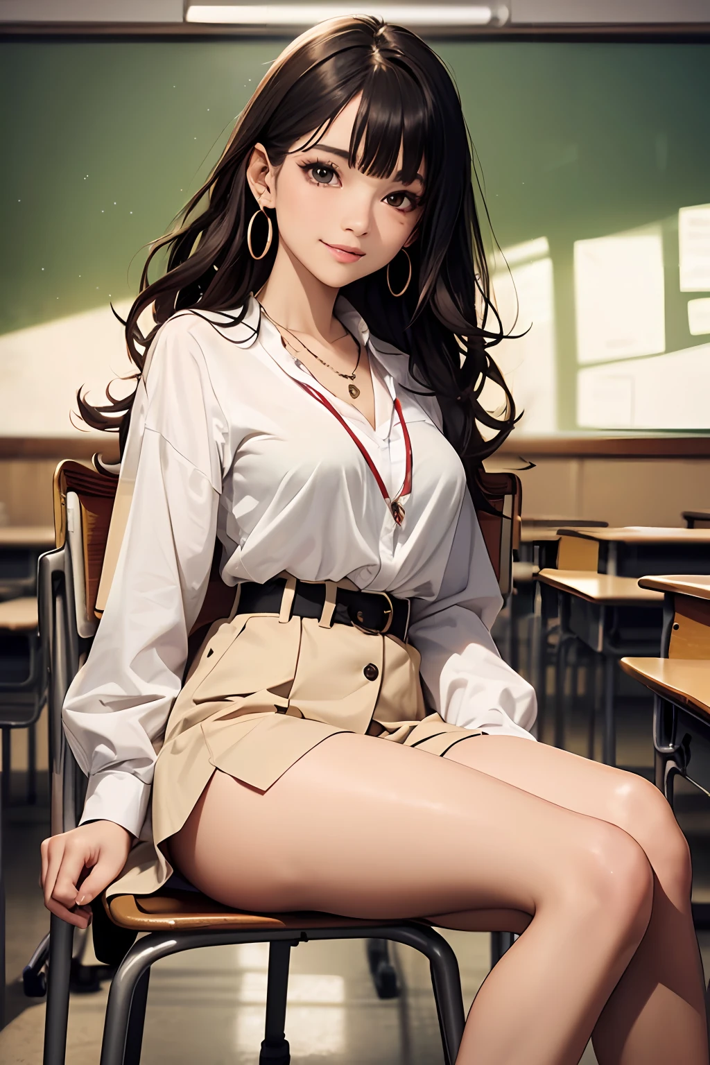 (Masterpiece: 1.3), (Maximum resolution: 1.2), (Ultra HDTV: 1.2), Cinema light, Ultra HDTV, (Detailed eyes and skin), (Detailed facial features), HDR, 8k resolution, Sharp Focus: 1.2, Perfect style, beautiful face, accurate, anatomically correct, highly detailed face and skin texture, detailed eyes, brown eyes, double eyelids, thin eyebrows, glitter eyeliner: 1.2, natural cheeks, glossy skin, fair skin: 1.2, shiny little necklace and earrings, (glossy lips: 1.4), BREAK, first-person-view, Wearing a High school uniform, (seductive smile: 1.2), Innocent and Cute girl, (layered Hairstyle, wavy hair, Light-brown hair, bangs flowing diagonally), medium long hair, (Full body shot: 1.2), focus on face, ((Very intimate relationships: 1.2)), (medium large breasts), (((In the classroom: 1.2)), ((Sitting on the school chair with one's legs crossed:1.4)), (Staring at me)), from the side, ((Background of many other students:1.2)),