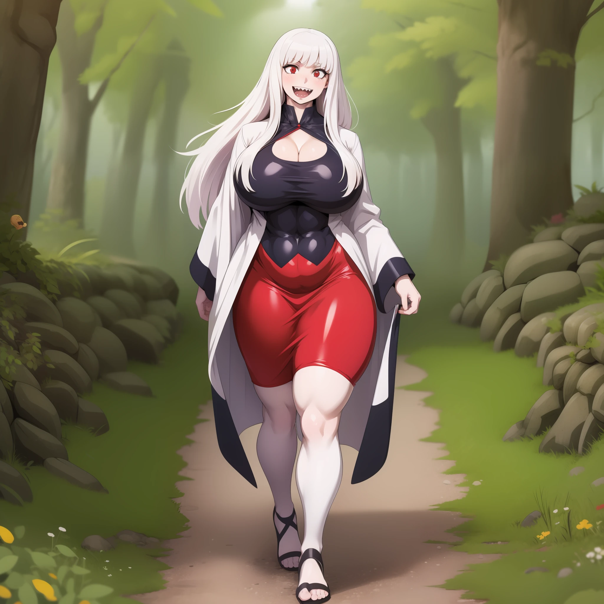 natacha, big breast, goth, silver hair, red eyes, albino, pale skinned,portrait ,full body, skirt, , flip flop,sharpteeth ,panthyhose, blackbodysuit, smile, happy, blush, walking, long hair, forest, , blackcloths, pole-shirt, victorian clothing, long robe, dress