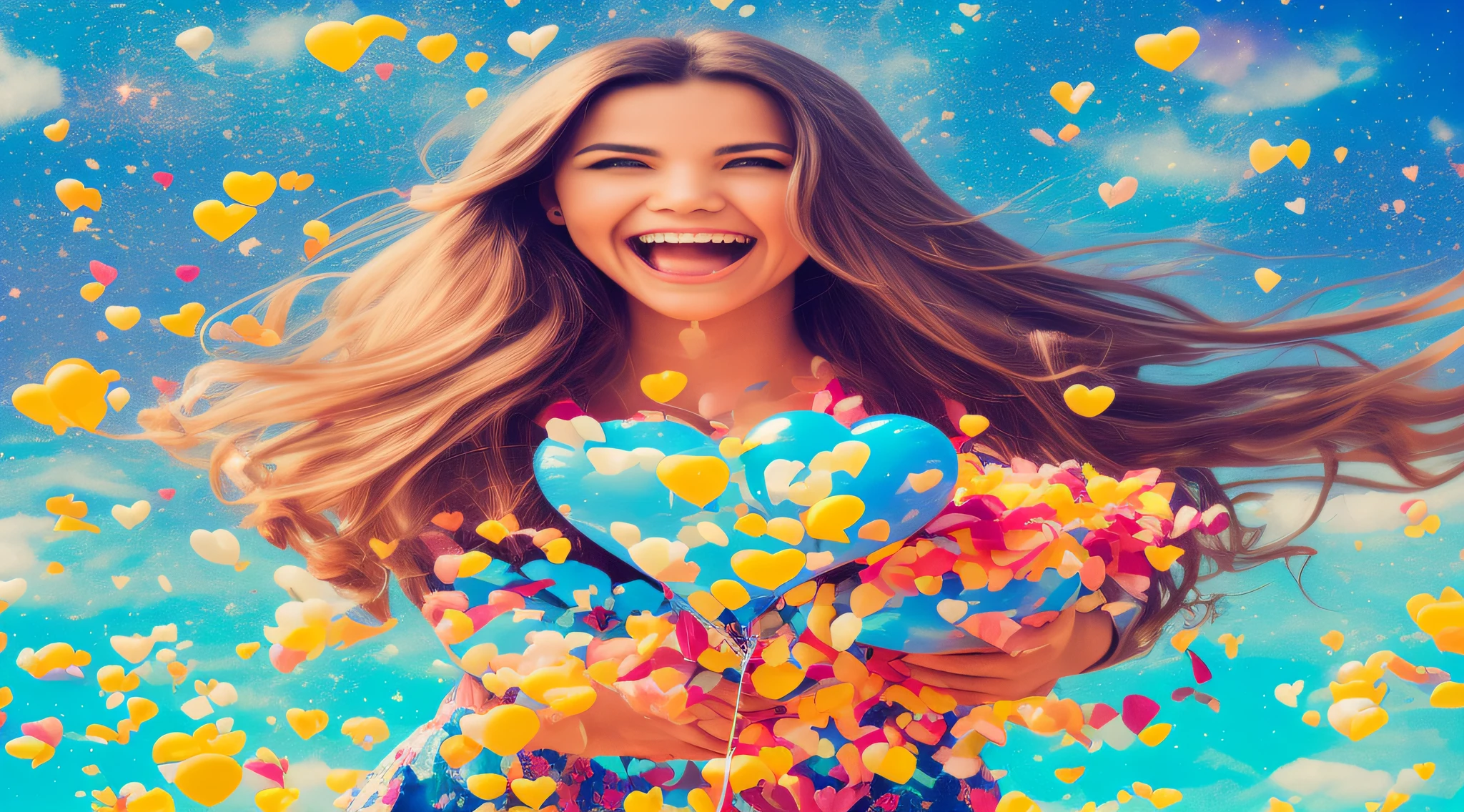 The image shows a woman holding a heart-shaped balloon, ready to release it into the sky. Ela tem um sorriso confiante, and her eyes reflect determination. In the background, a blue and sunny sky represents emotional freedom. This image represents the process of emotional detachment and restoration of self-esteem, illustrating the idea of letting go and making room for a fresh start.