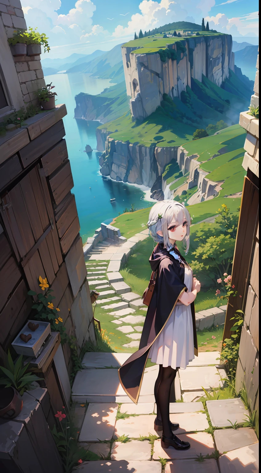 Overlooking the sea, 1 Whole body of a girl, elvish, has silver hair, Red Eyes, bob cuts, Braids, Sorcerer, robe, frilld, tights, cloak, Greek-style city, concept-art, beautiful anime scene, Beautiful anime scenery, beste-Qualit, шедевр
