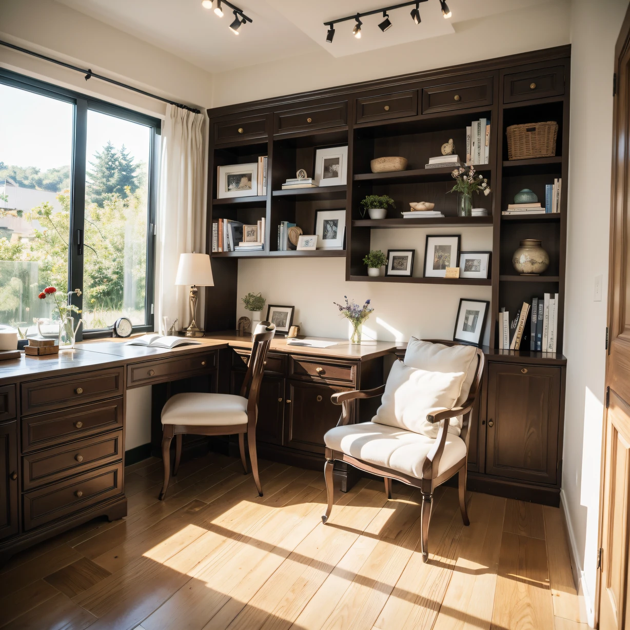 ,masterpiece, best quality,8k, ultra highres,Step into this idyllic study,It's like being in nature。The walls are in light colours,It gives a bright and pure feeling。On the desk lay a bouquet of fresh wildflowers and a classic literary book,It's a year to be。The shelves are filled with various books and decorations,Rich and diverse。The soft and comfortable cushions echo the dark wood chair,People want to immerse themselves in the world of reading here。In the corner is placed a small coffee table and several tea cups,It gives a peaceful and cozy atmosphere。In this idyllic study,You will enjoy a good time with nature and the smell of books。