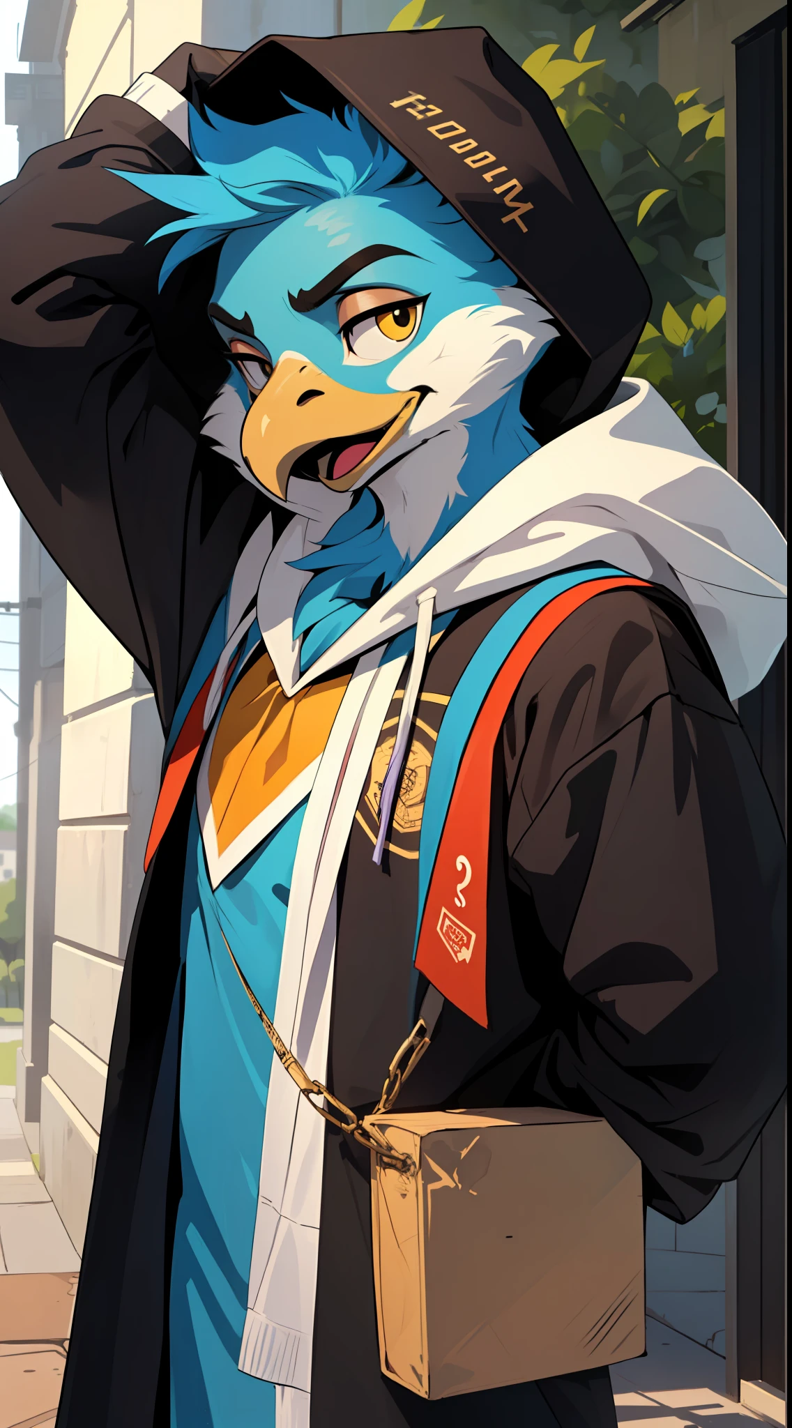 (((obra-prima, melhor qualidade))), person-animal with characteristics of light blue bird transformed into anthropomorphized falcon,fotografia, faculdade, Graduation hood on the head, beca de formatura realista e detalhada, qualidade 4K. fundo verde infinito. Dutch angle.