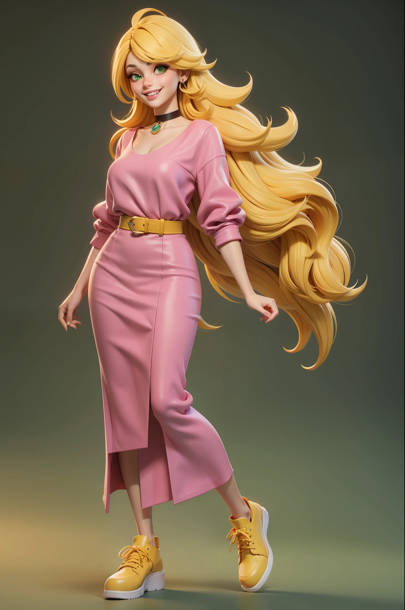masterpiece, best quality, 3d rendering work, 3DMM style, 3D, 1girl, solo, yellow hair, freckles, jewelry, looking sideways, realistic, full length, light simple background, yellow bangs, looking away, long hair, parted lips, green eyes, choker, makeup, pink outfit smiling, beautiful teeth, yellow shoes