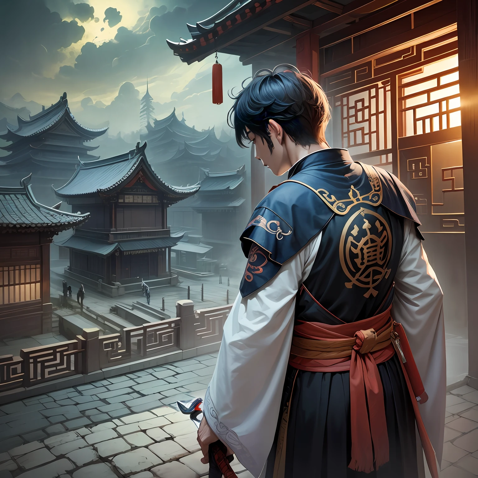 A man stands on the house,Ancient Chinese architecture,Streets,Night,Wearing black Hanfu,With a sword in his hand,Back Shadow,Ultra-long viewing angle