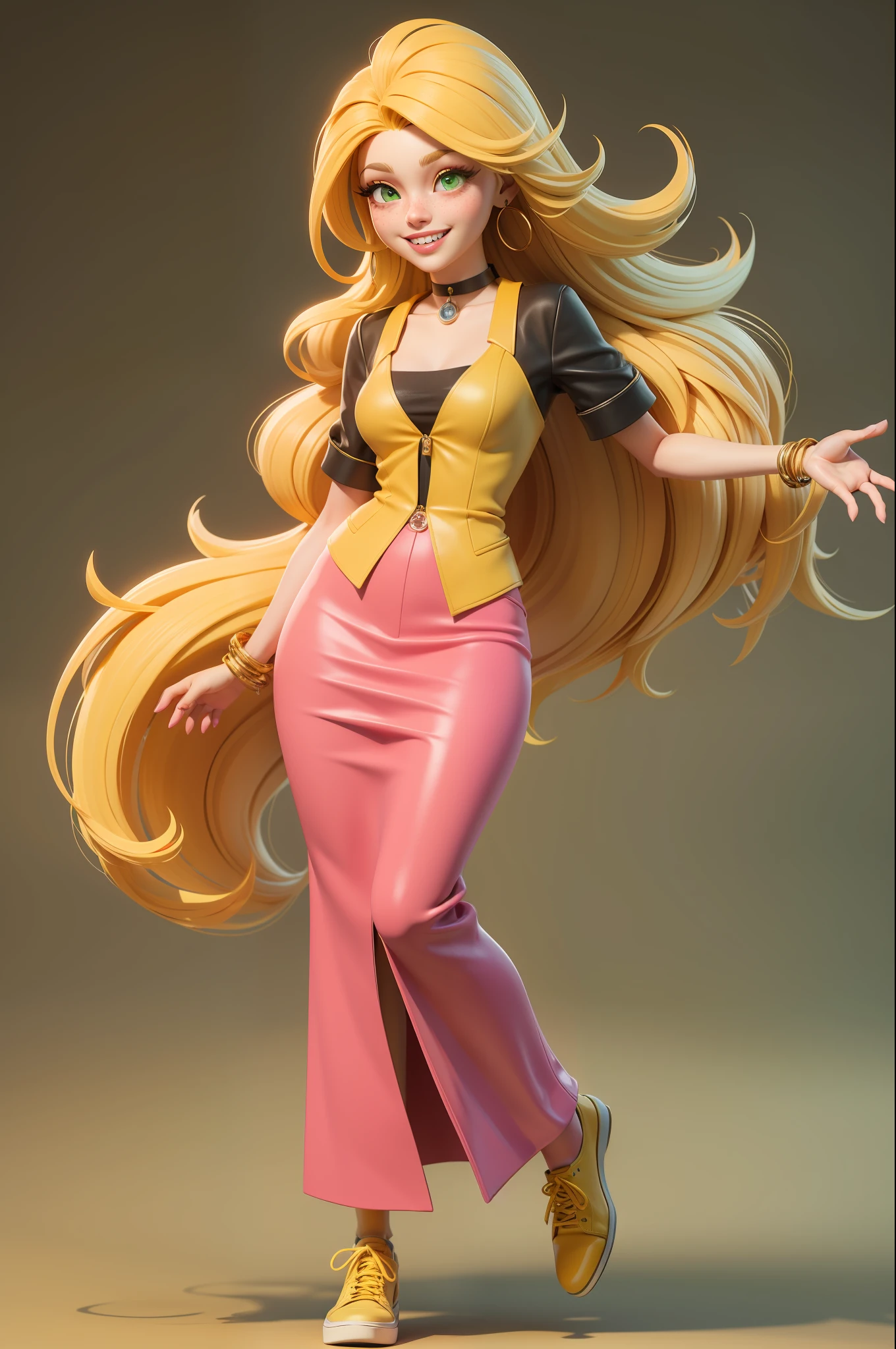 masterpiece, best quality, 3d rendering work, 3DMM style, 3D, 1girl, solo, yellow hair, freckles, jewelry, looking sideways, realistic, full length, light simple background, yellow bangs, looking away, long hair, parted lips, green eyes, choker, makeup, pink outfit smiling, beautiful teeth, yellow shoes