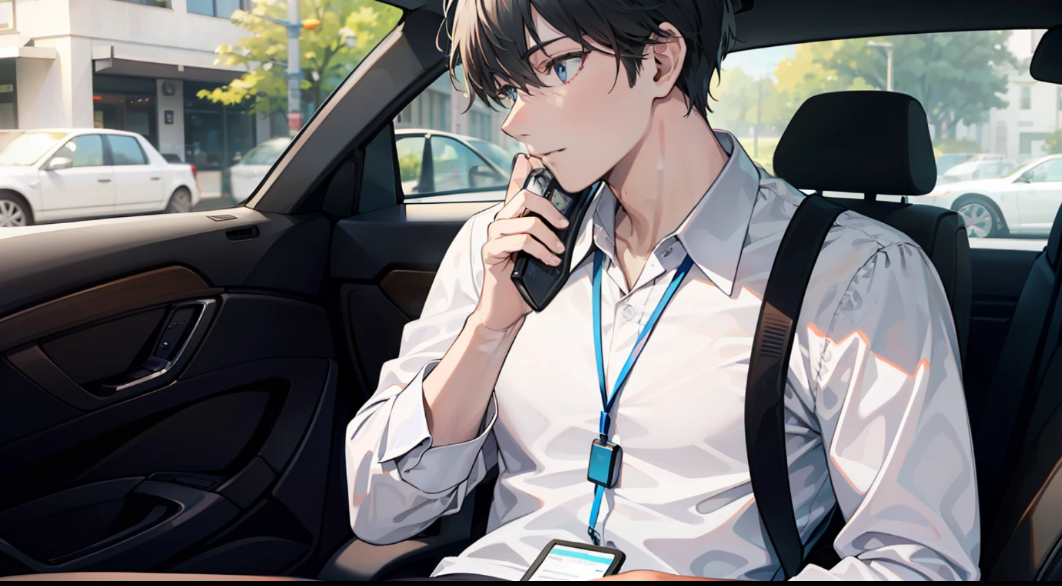 A man in a white shirt sits in a car answering the phone