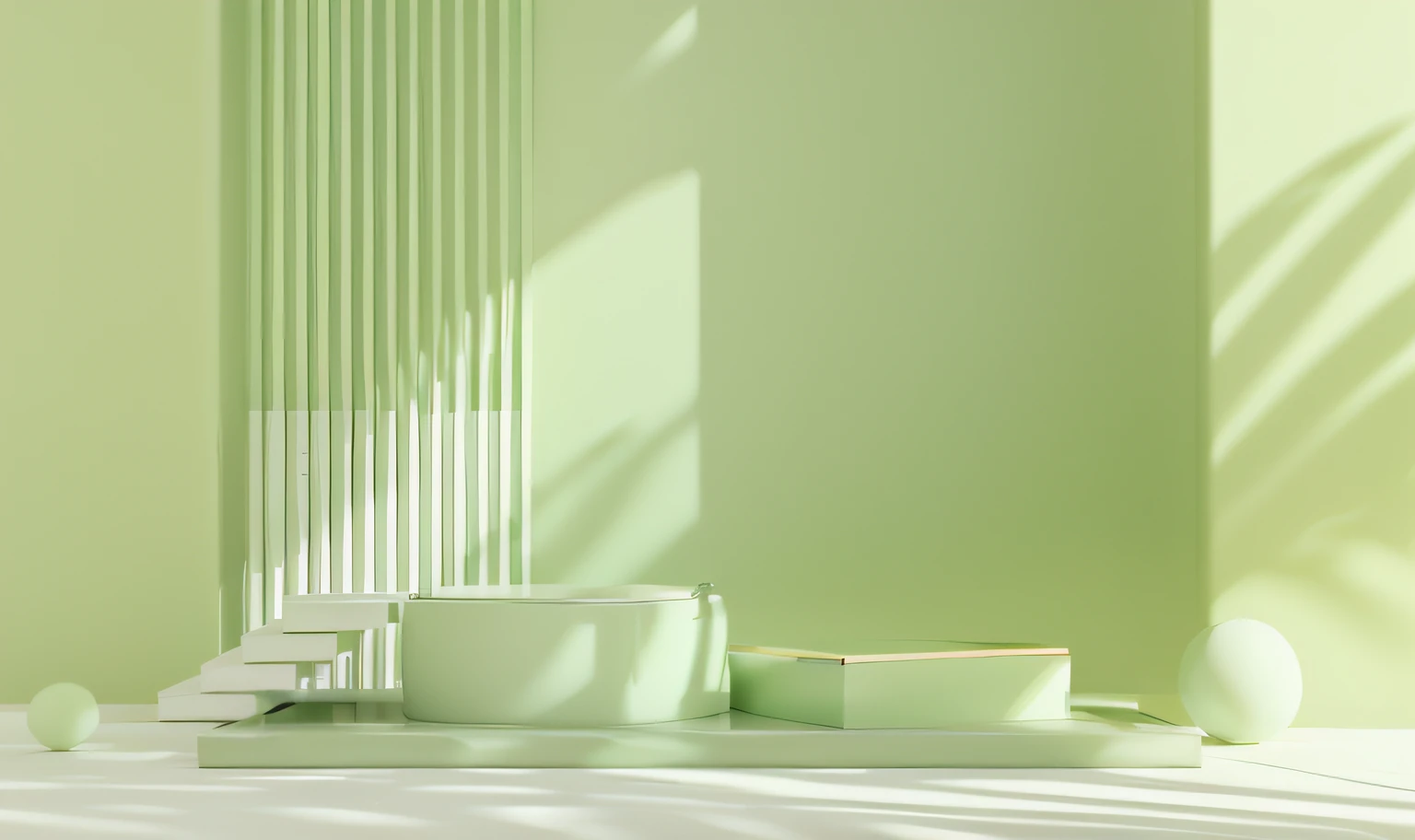 There was a green room,There is a white table and a chair, in style of 3d render, abstract 3d rendering, clean 3 d render, green ambient light, soft green natural light, pastel green, muted colors with minimalism, pale green backlit glow, fully rendered light to shadow, well lit 3 d render, rendered in 3 dsmax, Pastel Color tones