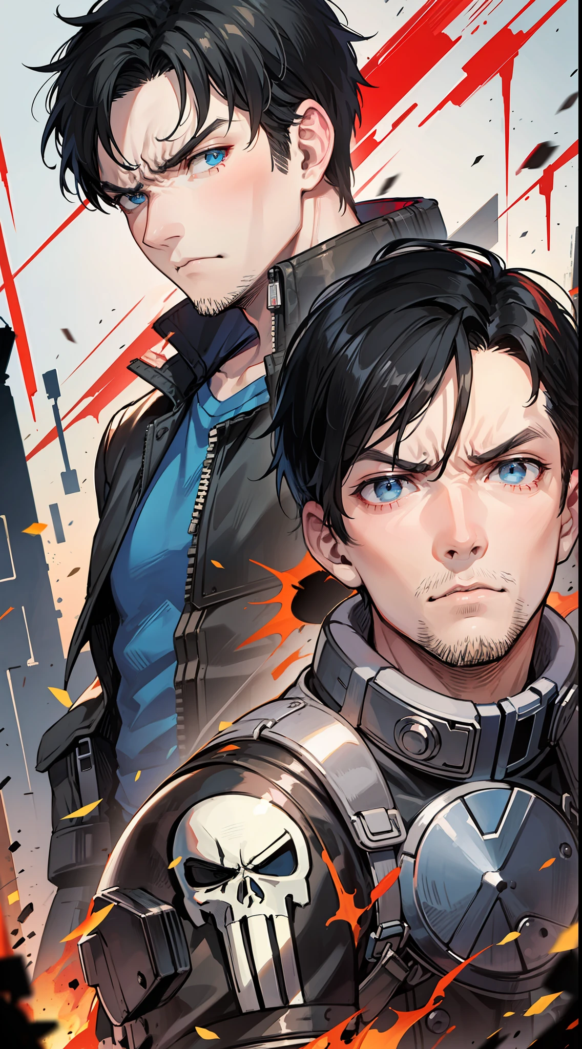 adult man, Short black hair, blue eyes, angry, the Punisher, Masterpiece, highly quality