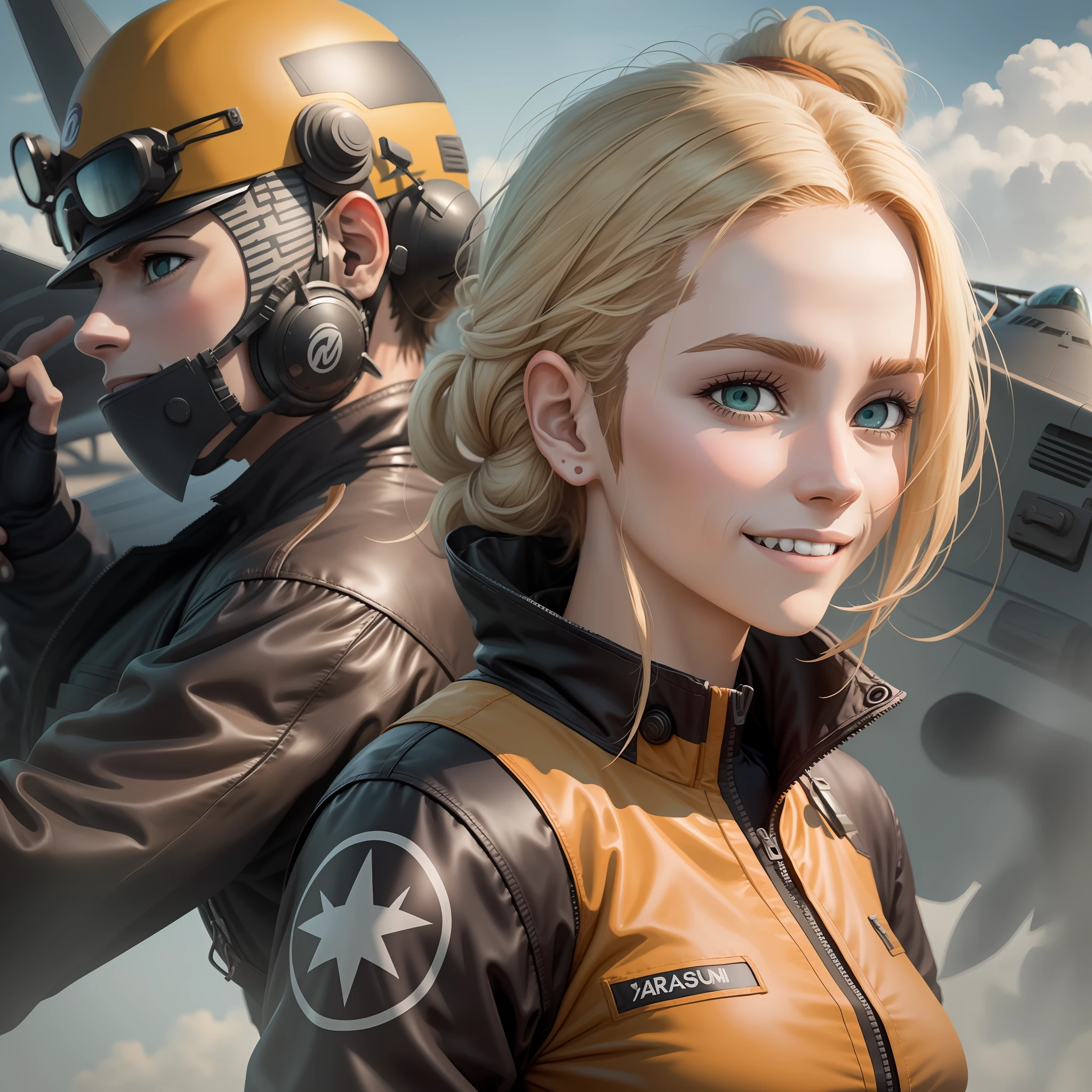 Ino yamanaka (naruto anime ) in black pilot clothes , fighter jet in background , smiling , best quality , masterpiece , 8k , best illustration