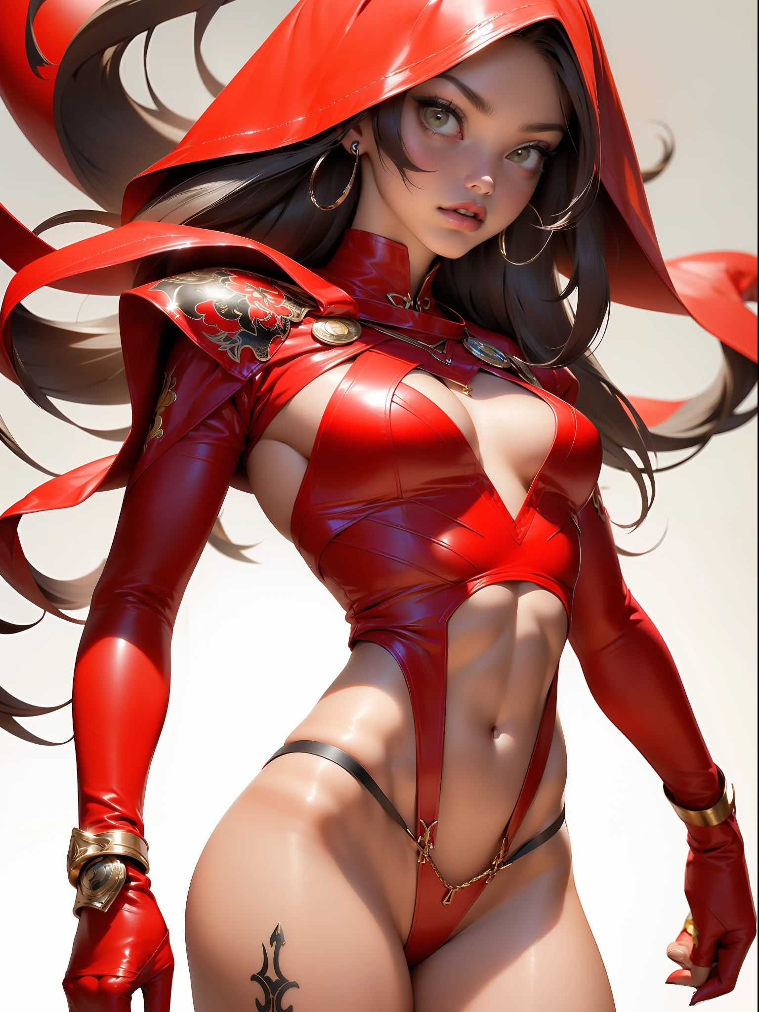 ((( melhor qualidade ))), ((( obra prima ))), ((( Absurdo ))), ((( corpo inteiro))), half-muscled woman and beautiful warrior Barbara, roupa totalmente vermelha escuro com metal dourado, Conan or barbarian style, estilo Simon Bisley para uma capa da revista em quadrinho, (( Tiny worn thong made of red leather )), (((couro fosco))), (( seios grandes semi cobertos por couro rasgado vermelho )), decote generoso, ornaments on the neck and breasts with tips, fantastical setting, ((( corpo inteiro ))), ((( cabelo curto colorido ))), (((corpo inteiro))), metallic tattoos covering the arms, lua de sangue no fundo