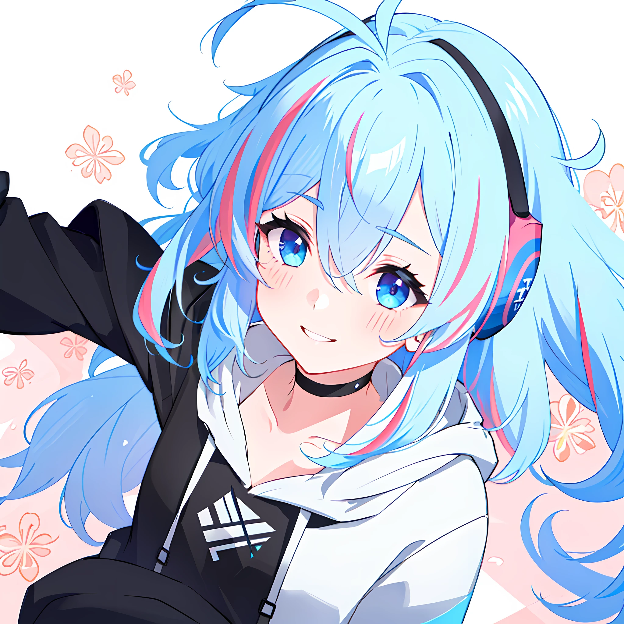 masterpiece, best quality, highres, portrait, 1girl, solo, short hair, looking at viewer, multicolored hair, Cyan hair, white hair, blue hair, braid, bangs, Magenta  eyes, streaked hair, small breasts, breasts, long sleeves, (black hoodie:1.4), simple background, orange background, blush, smile, floral print on hoodie, wearing headphones