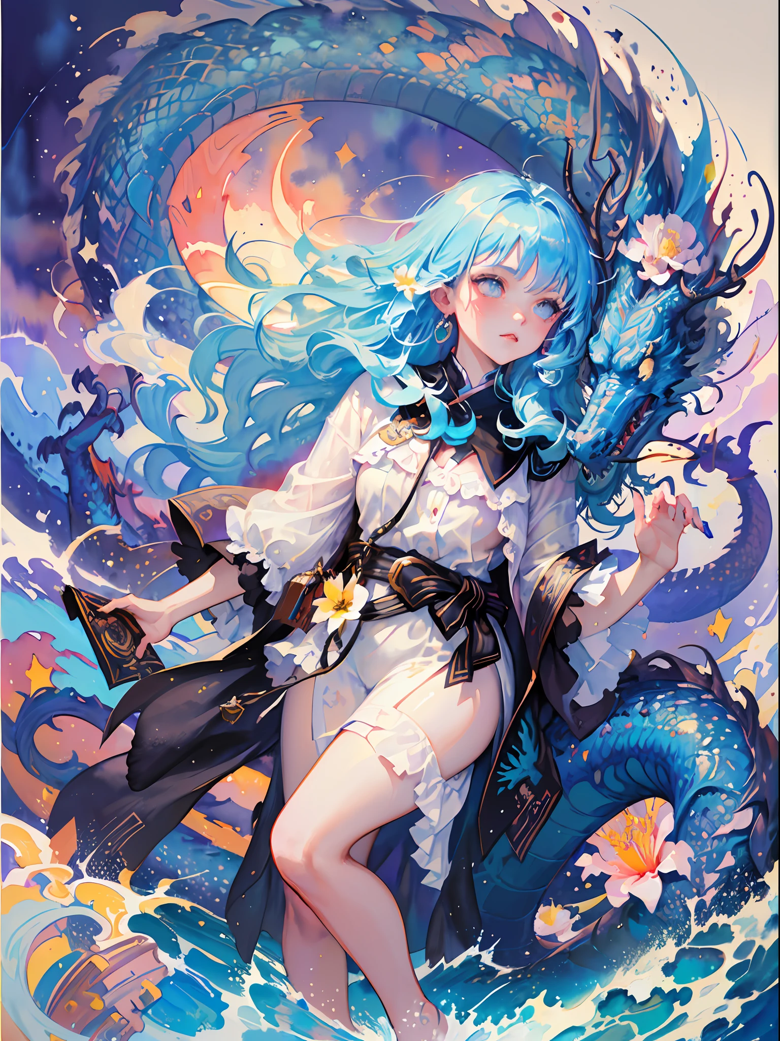 (masterpiece, top quality, best quality,1girl, long hair, (glowing:1.15), (team:1.1), (flowers:1.15), (monarch:1.05),Long coat,surrounded by huge Chinese dragons,dragon open mouse,1girl,solo,light_blue_hair,liquid hair, long hair,floating hair, standing,sundress, liquid clothes, water,waves, tsunami,tide,sea,water dress,fantasy, high contrast,explosions, over exposure, purple and red tone impression , abstract, ((watercolor painting by John Berkey and Jeremy Mann )) brush strokes, negative space,,