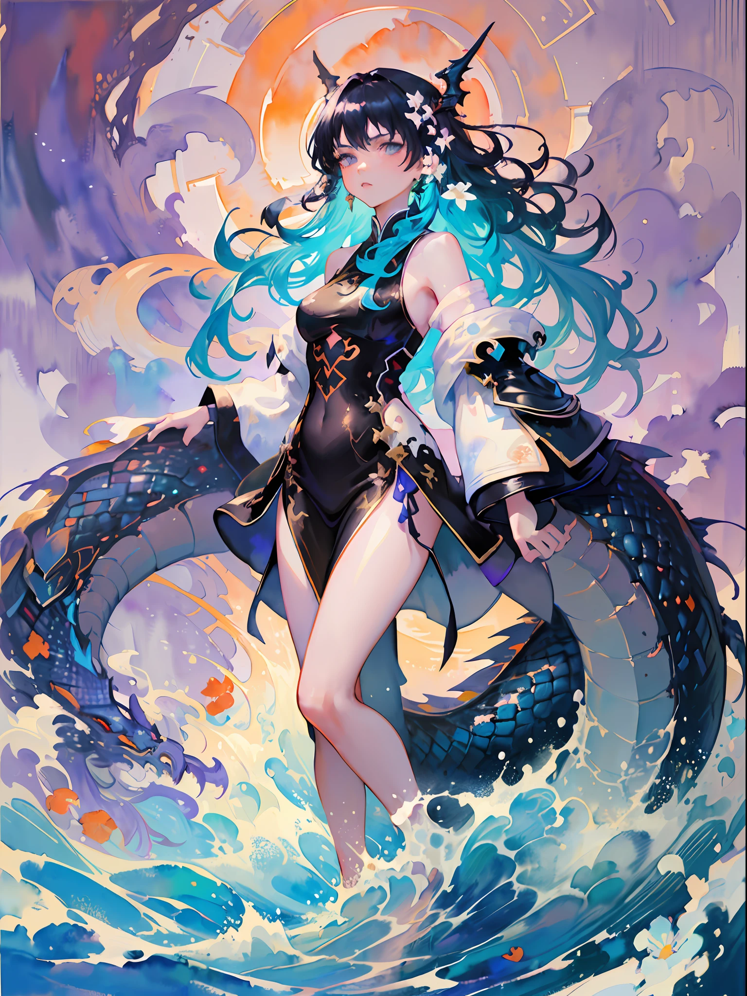 (masterpiece, top quality, best quality,1girl, long hair, (glowing:1.15), (team:1.1), (flowers:1.15), (monarch:1.05),Long coat,surrounded by huge Chinese dragons,dragon open mouse,1girl,solo,light_blue_hair,liquid hair, long hair,floating hair, standing,sundress, liquid clothes, water,waves, tsunami,tide,sea,water dress,fantasy, high contrast,explosions, over exposure, purple and red tone impression , abstract, ((watercolor painting by John Berkey and Jeremy Mann )) brush strokes, negative space,,