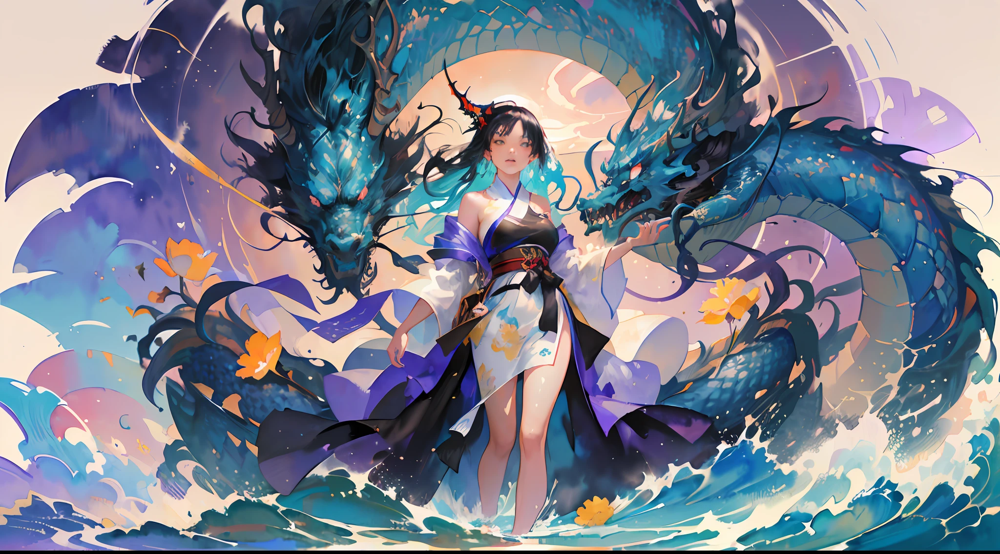 (masterpiece, top quality, best quality,1girl, long hair, (glowing:1.15), (team:1.1), (flowers:1.15), (monarch:1.05),Long coat,surrounded by huge Chinese dragons,dragon open mouse,1girl,solo,light_blue_hair,liquid hair, long hair,floating hair, standing,sundress, liquid clothes, water,waves, tsunami,tide,sea,water dress,fantasy, high contrast,explosions, over exposure, purple and red tone impression , abstract, ((watercolor painting by John Berkey and Jeremy Mann )) brush strokes, negative space,,