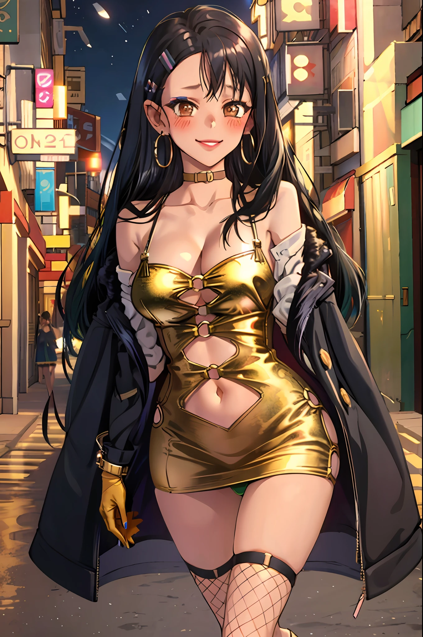 (microdress), (golden), (bodycon), blush, eyeslashes, beautiful eyes, cleavage, navel, fishnet stockings, (face focus), evil smile, handbag, purple_lips, make up, masterpiece, high qulity, nagatoro hayase, brown eyes, black hair, bangs, long hair, dark skin, hairclip, jewelry, hoop earrings, gloves, large breasts, elbow groves, solo, looking at viewer, 1girl, high quality, highres, absurdres, hd,cg, 8k, night sky, city