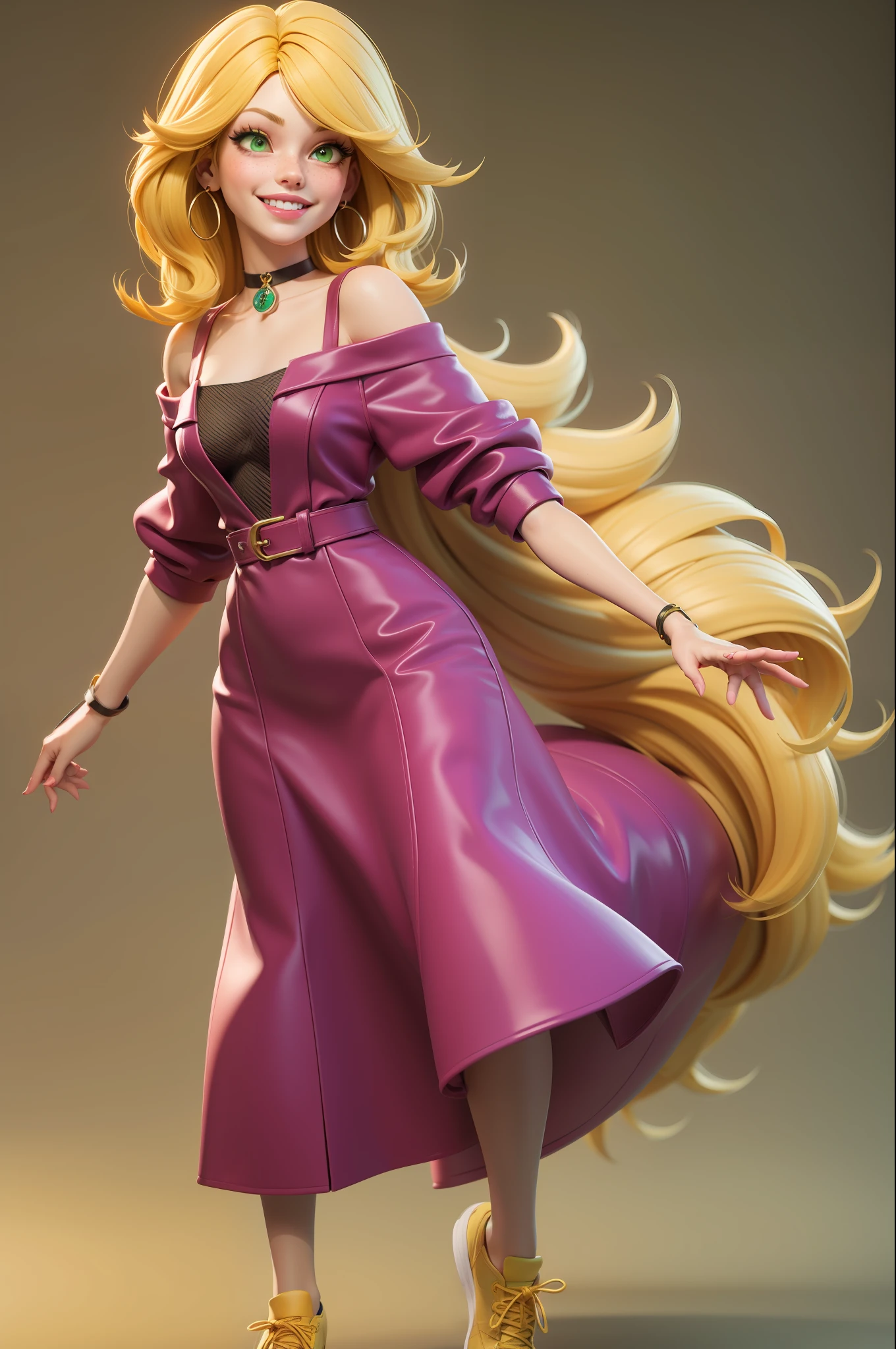 masterpiece, best quality, 3d rendering work, 3DMM style, 3D, 1girl, solo, yellow hair, freckles, jewelry, looking sideways, realistic, full length, light simple background, yellow bangs, looking away, long hair, parted lips, green eyes, choker, makeup, pink outfit smiling, beautiful teeth, yellow shoes