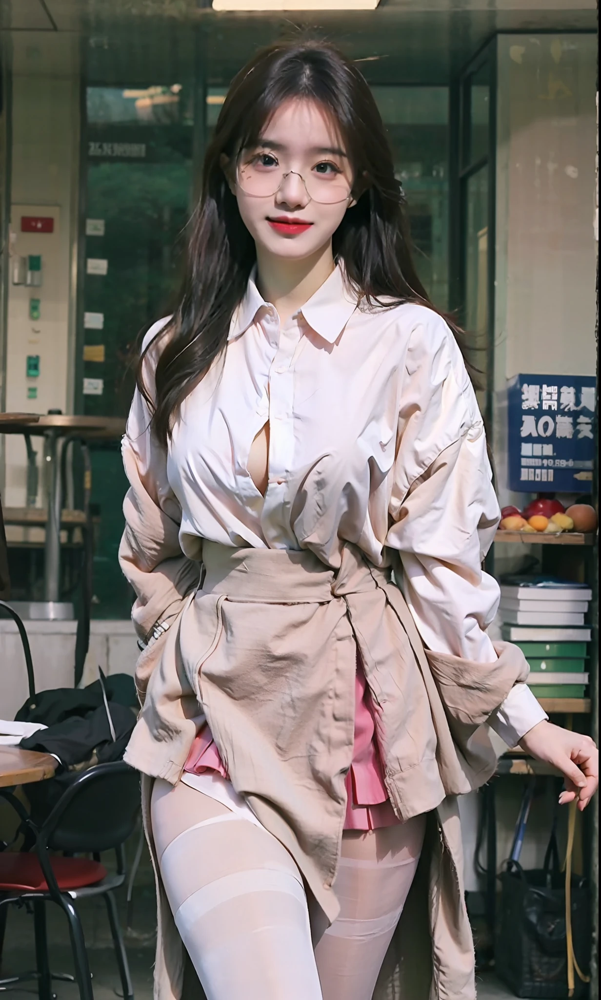 ulzang-6500-v1.1,(OriginalPhoto:1.2), (Photorealistic:1.4), beautiful detailed girl, Very detailed eyes and face, Beautiful detailed eyes, Preposterous, incrediblyabsurdres, hugefilesize, Ultra-detailded, high resolucion, Heavily detailed,optimal quality,masterpaintings,,插圖,Heavily detailed,CG,unified,8k 壁纸,Amazing,finely detailled,masterpaintings,optimal quality,greatly detailed的 CG unified 8k wallpapers,light in the face,cinamtic lighting, 1girl huge large breasts, s old,Long white hair,lateral division,(Large big tits),((No panties)),(wears glasses),(((dynamicpose))),(((sexyposture))),(Half-body),((White pantyhose)),(((Apricot skirt wrapped around hips))),white blouse shirt