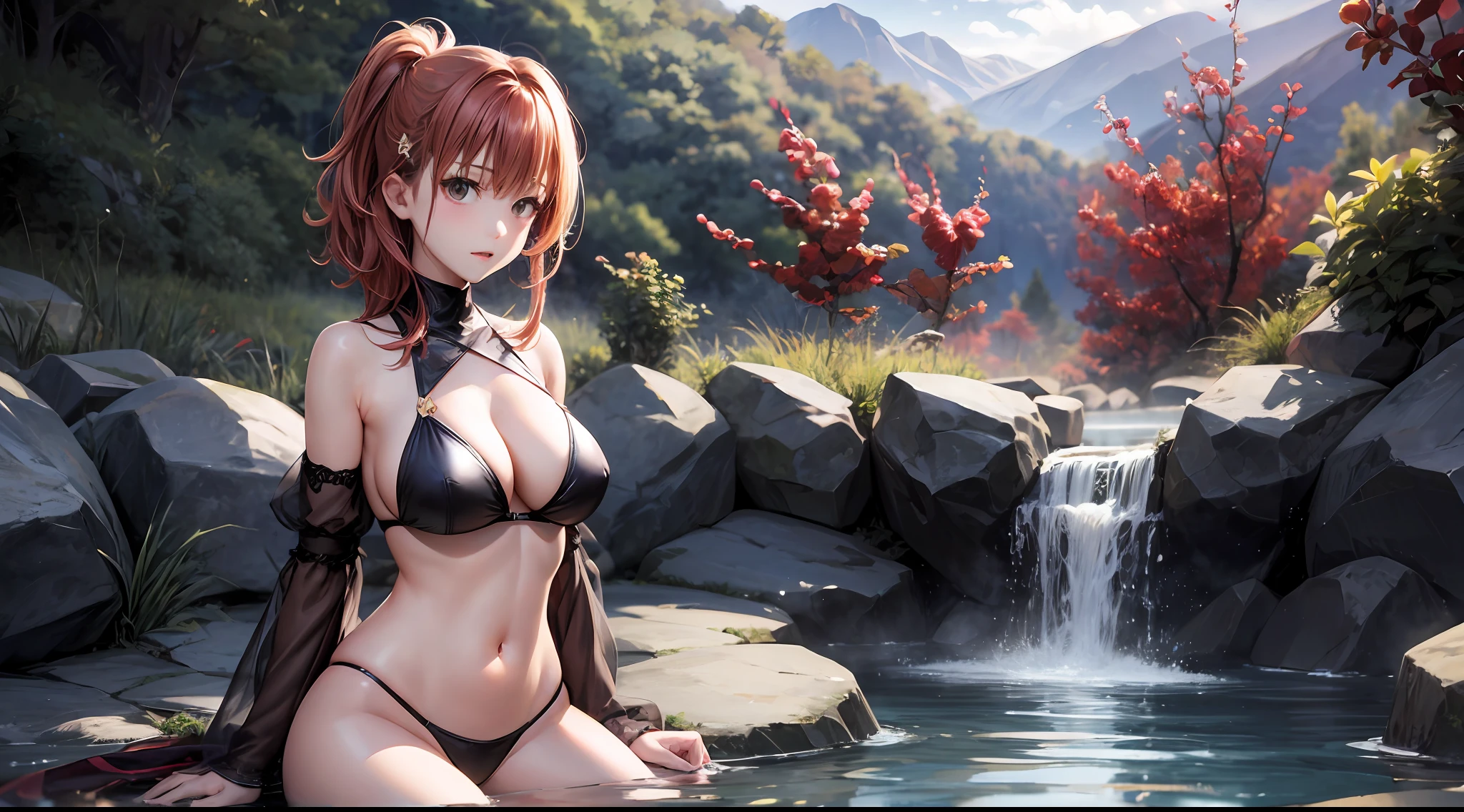 （A Certain Science Railgun、Misaka Mikoto）、Brown skin、（Naked and shoulder-deep in hot springs）、（Medium hair in pink color）、Young、Cute、a beautifulchi girl、Perfect style、gargantuan boobs、Emphasizes cleavage、deadpan、realisitic、realistic、８ｋ、richly detailed、beste-Qualit、Top image quality、Super-High Resolution、шедевр、only girl、（The background is a hot spring）、