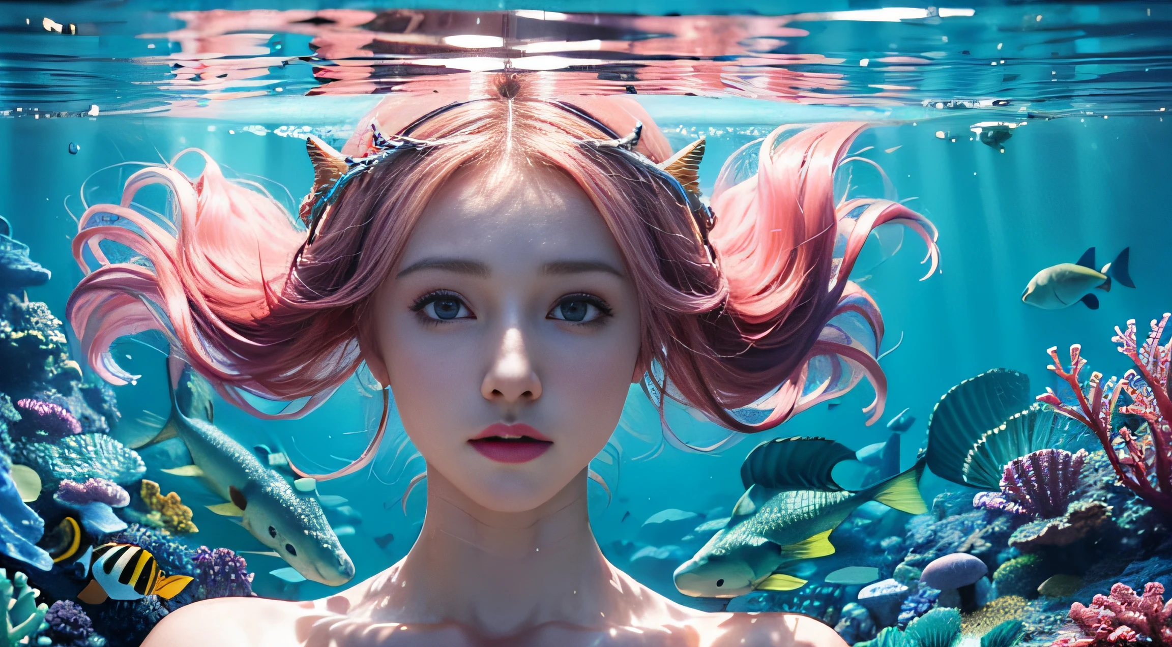 (a masterpiece of),Awesome,superhighresolution,1girl huge large breasts,pink hair,Underwater,ocean floor,Reef fish and vines abound,(mermaids)The girl stares at you,sparkle in eyes,Underwater shots,A clear underwater world,Clear water,See the face and the whole body clearly,A transparent underwater world