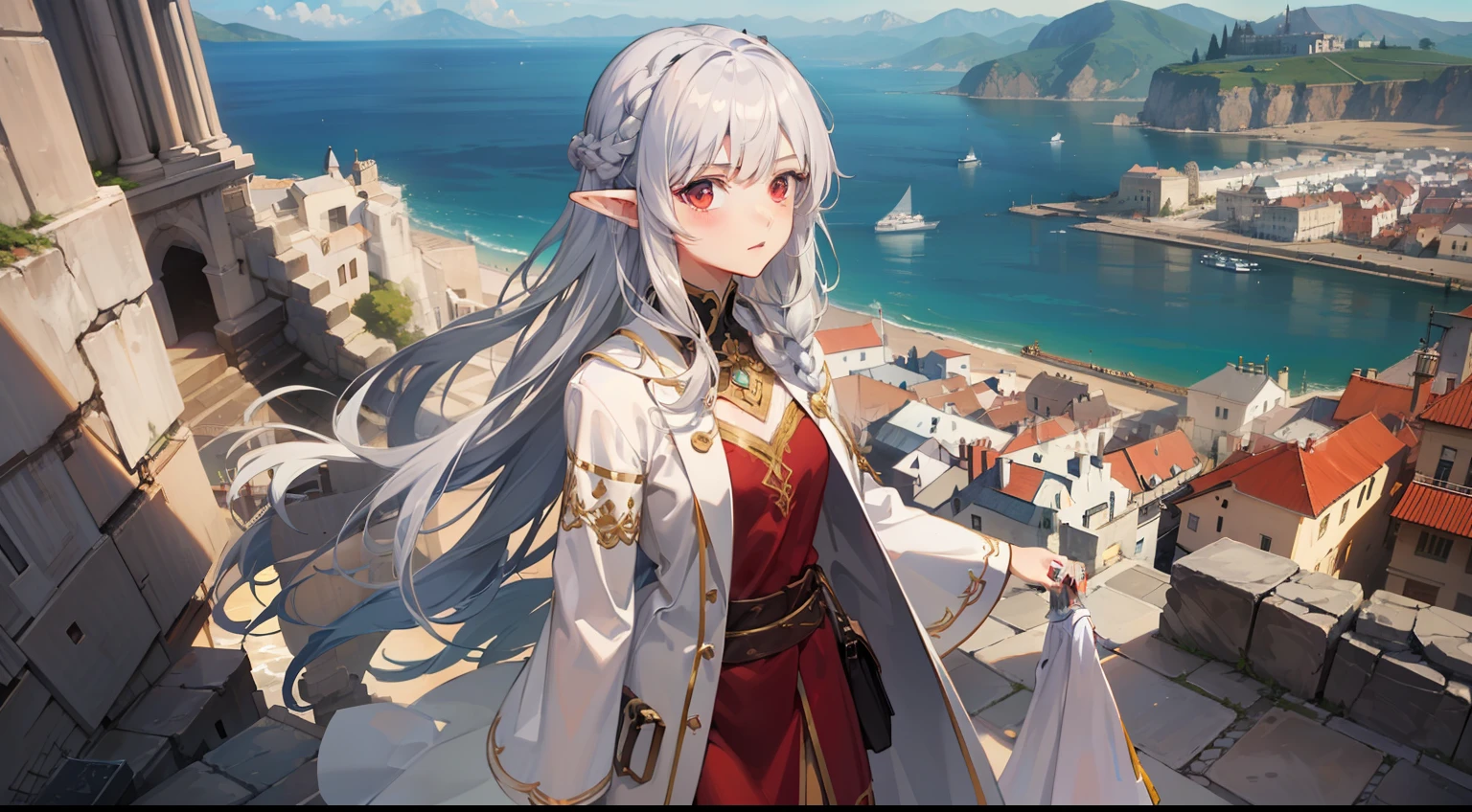 Overlooking the sea, 1 Whole body of a girl, elvish, has silver hair, Red Eyes, bob cuts, Braids, Sorcerer, robe, frilld, tights, cloak, Greek-style city, concept-art, beautiful anime scene, Beautiful anime scenery, beste-Qualit, шедевр