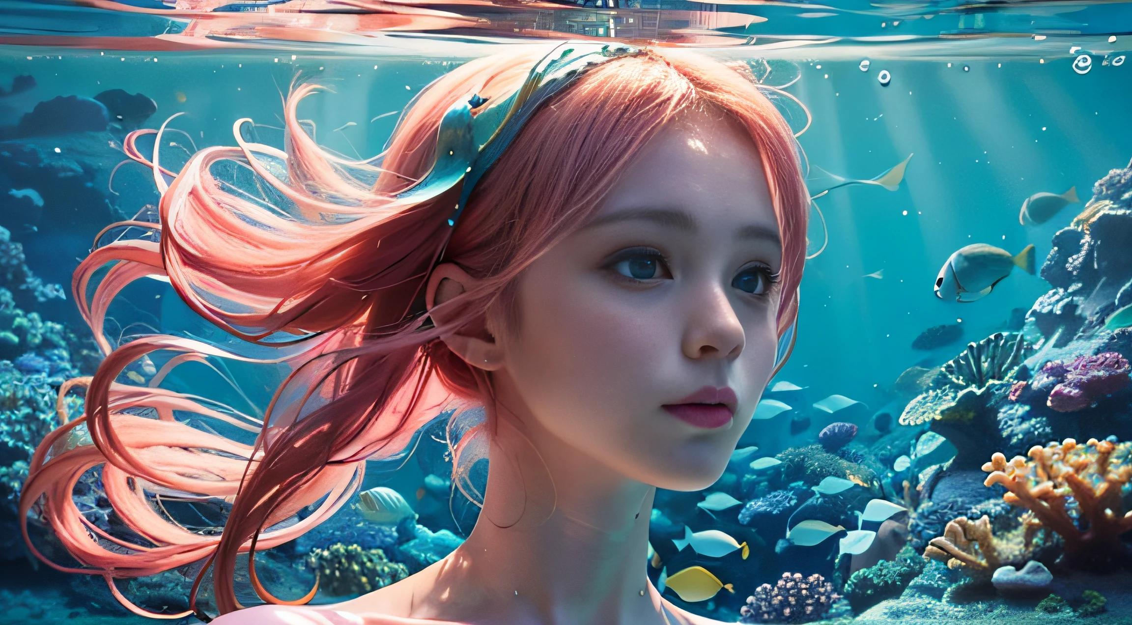 (a masterpiece of),Awesome,superhighresolution,1girl huge large breasts,pink  hair，Underwater,ocean floor,Reef fish and vines abound,(mermaids)The girl stares at you,sparkle in eyes，Underwater shots，A clear underwater world，Clear water，See the face and the whole body clearly，A transparent underwater world