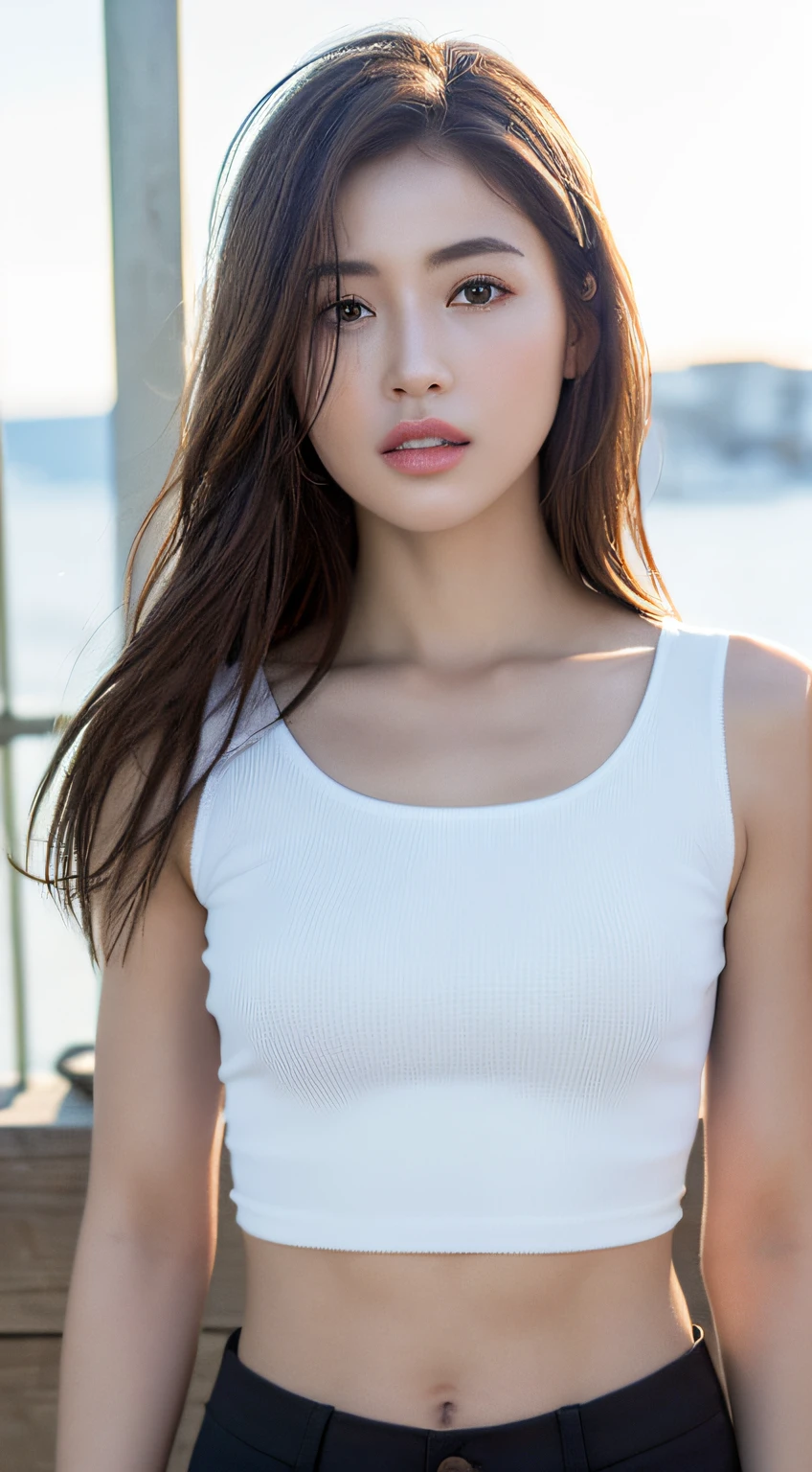 ((Realistic lighting, Best quality, 8K, Masterpiece:1.3)), Focus:1.2, 1girl, Perfect Figure:1.4, Slim Abs:1.1, ((Dark Brown Hair)), (White Crop Top: 1.4), (Outdoor, Seaside: 1.1), City Street, Super Fine Face, Fine Eyes, Double Eyelids,