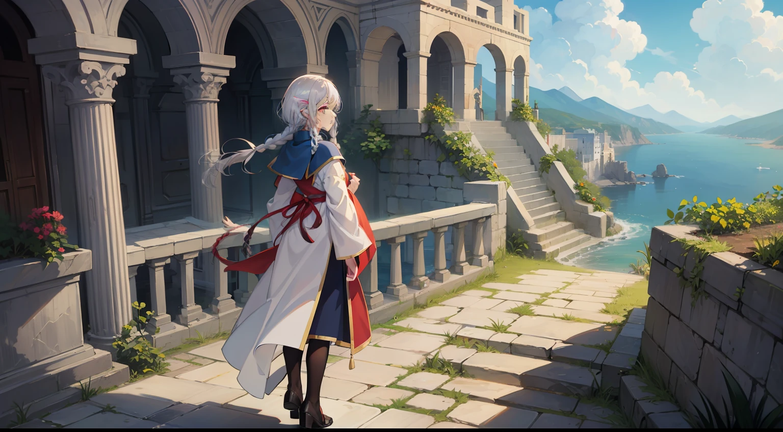 Overlooking the sea, 1 Whole body of a girl, elvish, has silver hair, Red Eyes, bob cuts, Braids, Sorcerer, robe, frilld, tights, cloak, Greek-style city, concept-art, beautiful anime scene, Beautiful anime scenery, beste-Qualit, шедевр