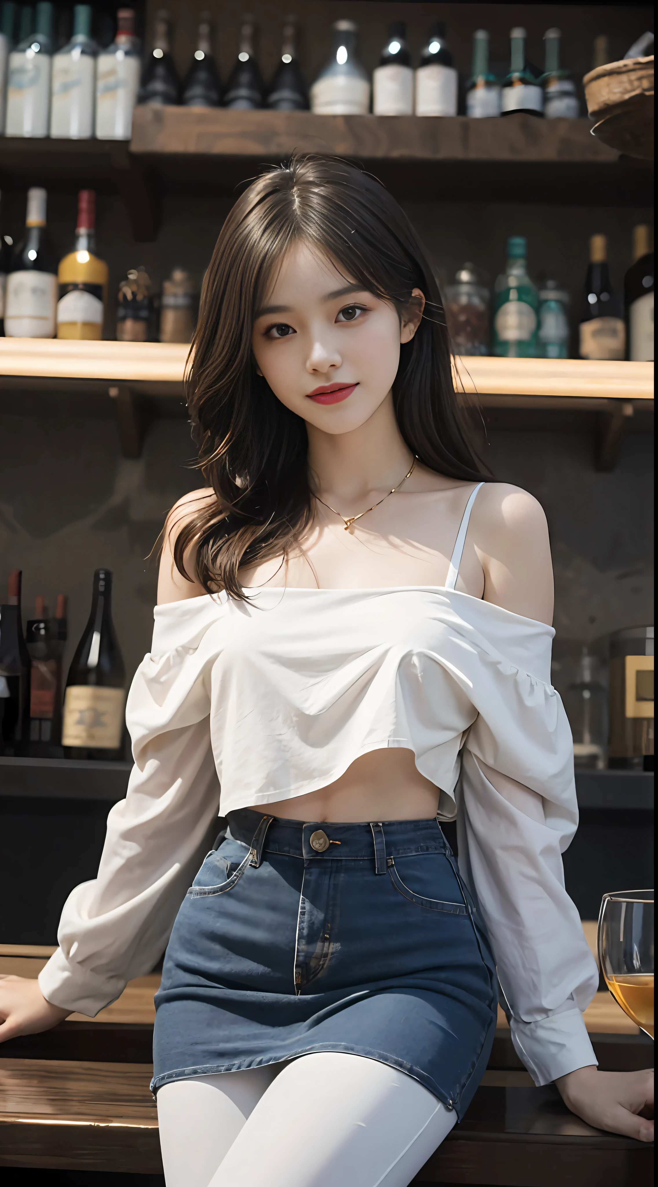 A superb exquisite real beautiful girl, golden long curly hair, extremely exquisite facial features, peerless beautiful girl, collarbone off-the-shoulder, white crop top shirt, black JK skirt, exposed legs, sweet smile, soft, dreamy quality, light white and dark brown, exaggerated facial features, solid color, frank off-white, surreal, blue gemstone necklace, ultra-clear, beautiful young girl, cute and lively, super short leggings, background at the bar counter