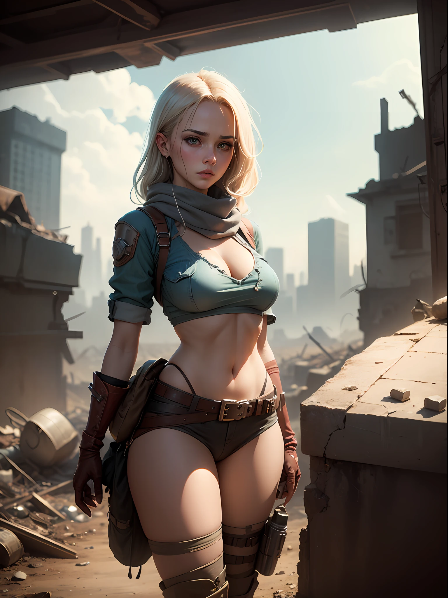 Enchanting and beautiful woman,post-apocalyptic wasteland, cel-shaded, sad, 64k,shidudou,Red belly pocket,