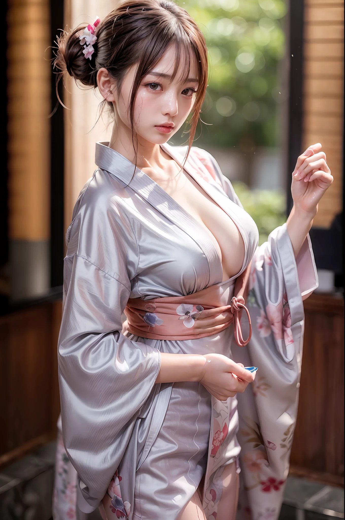 Woman in elegant yukata standing, (In an ultra-thin yukata), (Showing thighs and legs)、((the whole body is wet、Sticking to the body、show through、no-bra、Nipple ring))、Wearing kimono, Kimono, in a kimono, japanese kimono, bath robe, Wearing a kimono, Japanese Models, traditional japanese, japanese lady, pale and coloured kimono, elegant japanese woman, goddess of Japan、(crisp photos)、raw,(8K, beste-Qualit, шедевр:1.2),(intricate detailes:1.4),(photo- realistic:1.4),octane renderings, Complex 3D rendering ultra detail, Studio Soft Light, Rim Lights, vivid detail, Super Detail, realistic skin textures, Detail Face, Beautiful detail eyes, Very detailed CG Unity 16k wallpaper, make-up, (detailedbackground:1.2),　(SFW)